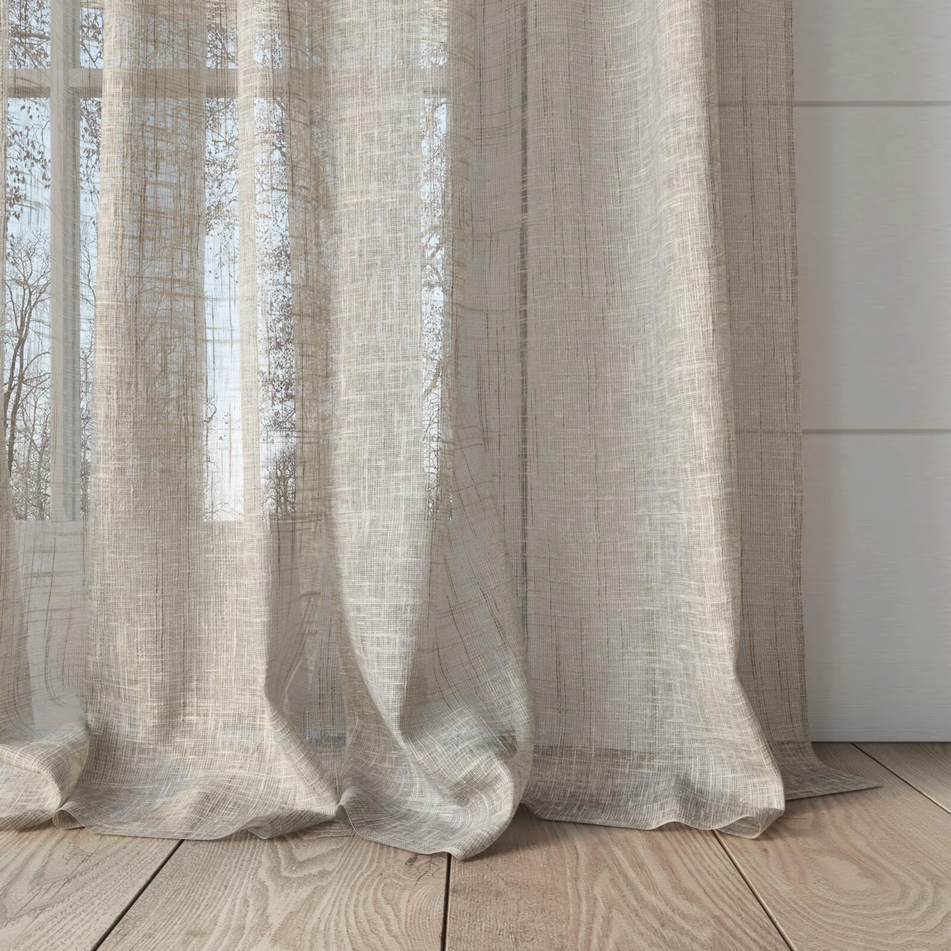 Bottom view of Beech Linen, puddled, on curtain rod