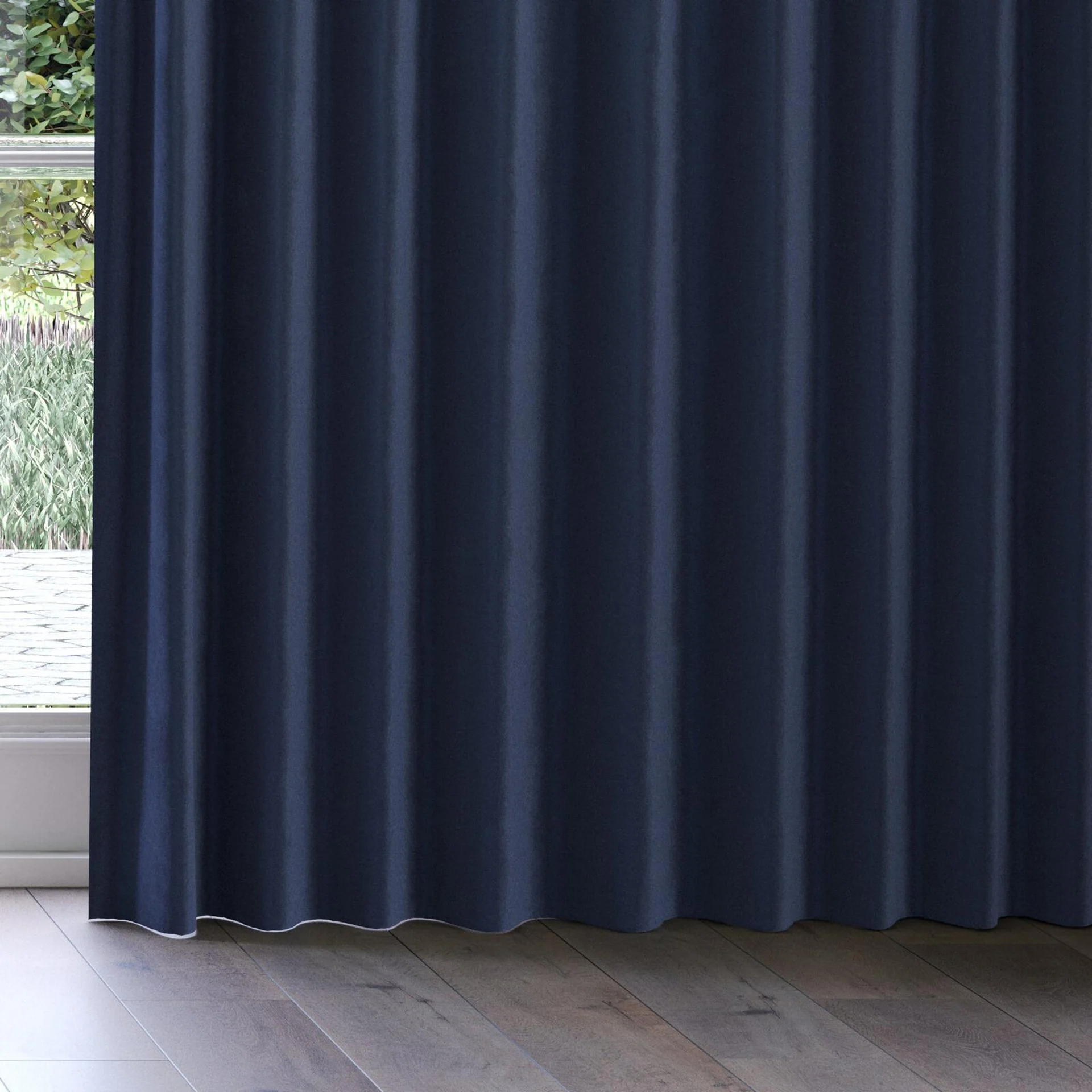 Bottom view of Velvelux Navy, on curtain rail