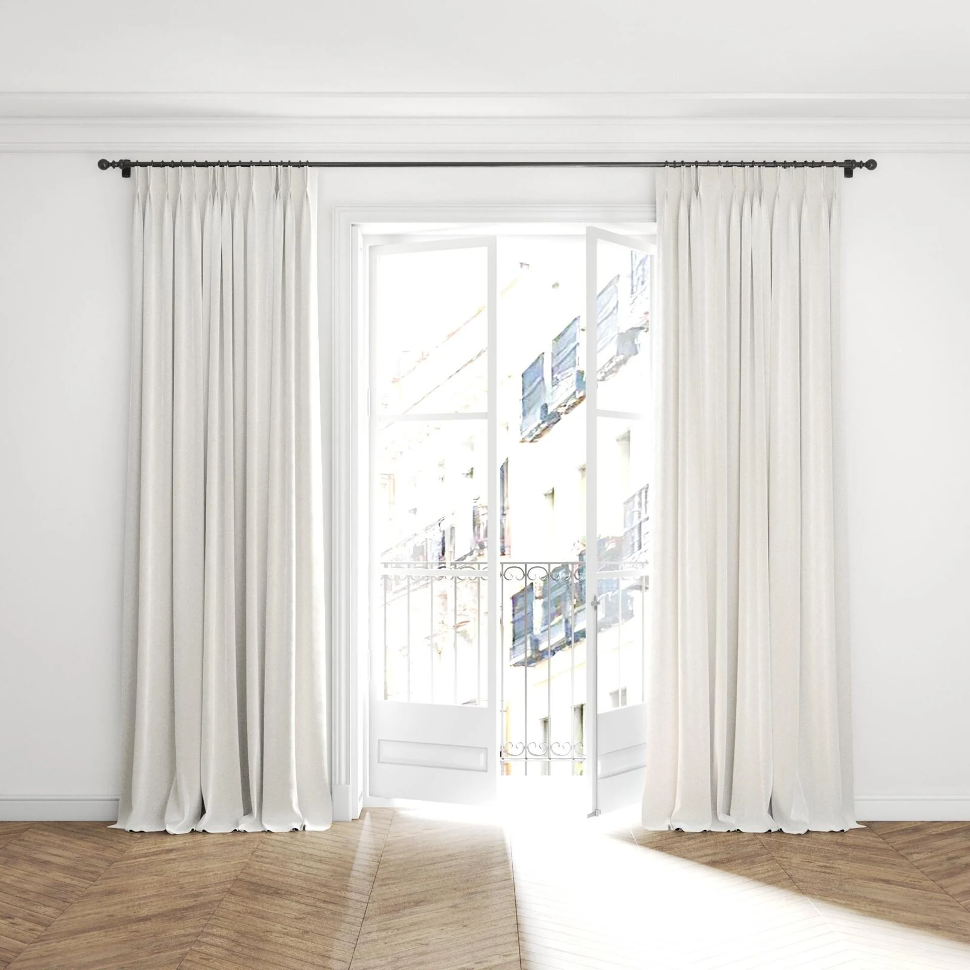 Full view of Geneva Swan, puddled with pinch pleat, on curtain rod