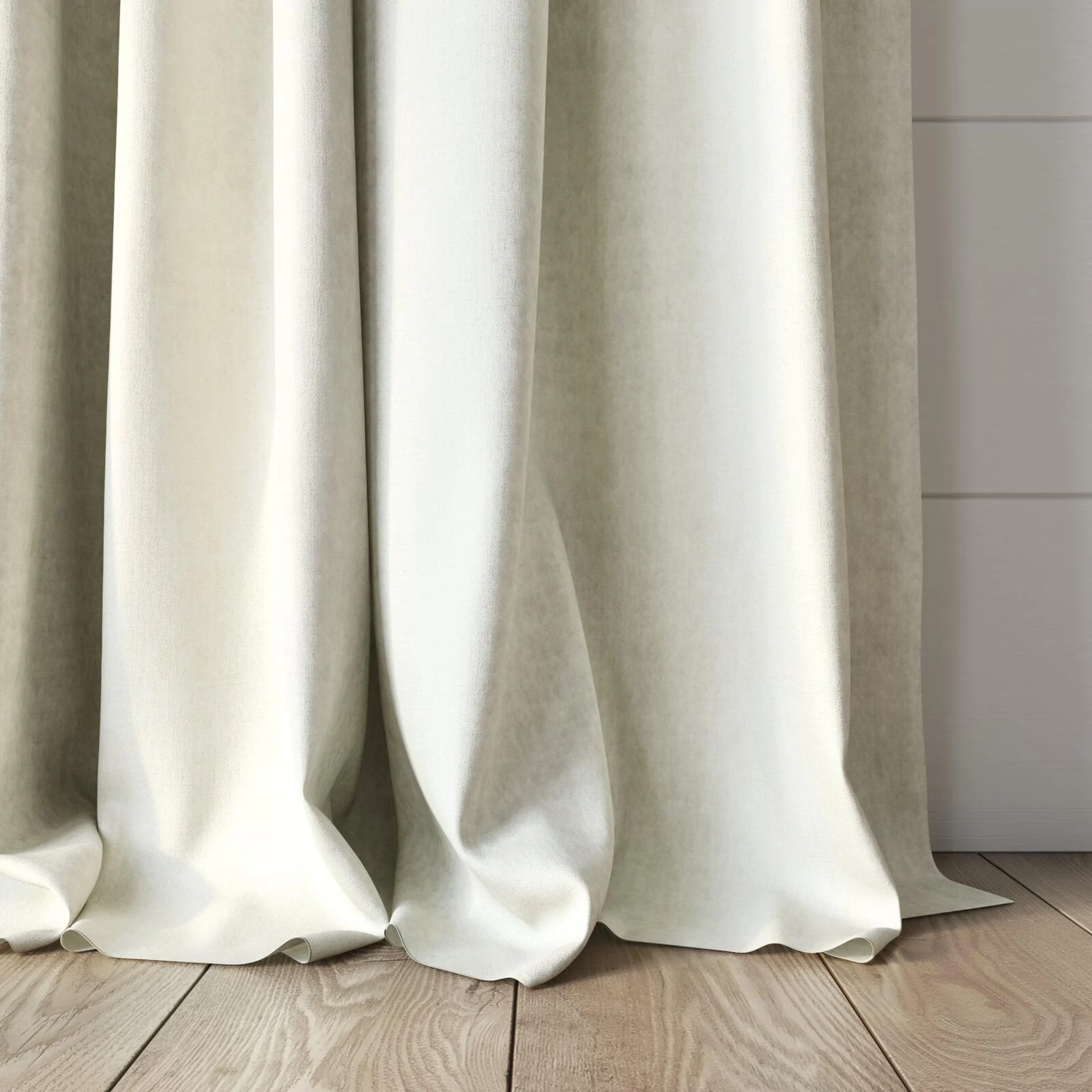Bottom view of Monterey Marshmallow, puddled, on curtain rod