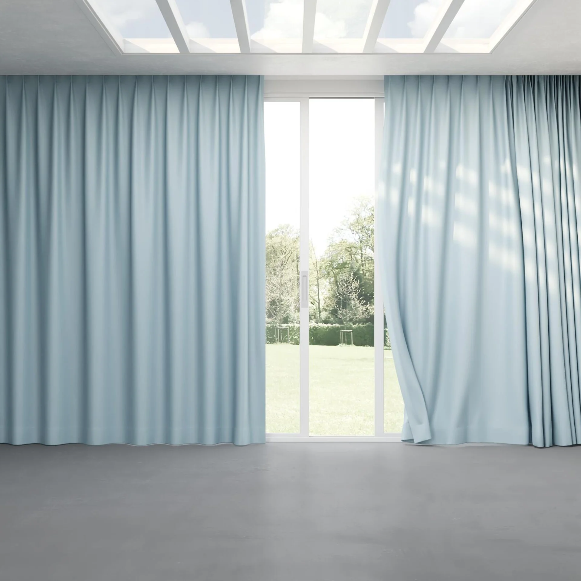 Full view of Kidglove Sky, pinch pleat