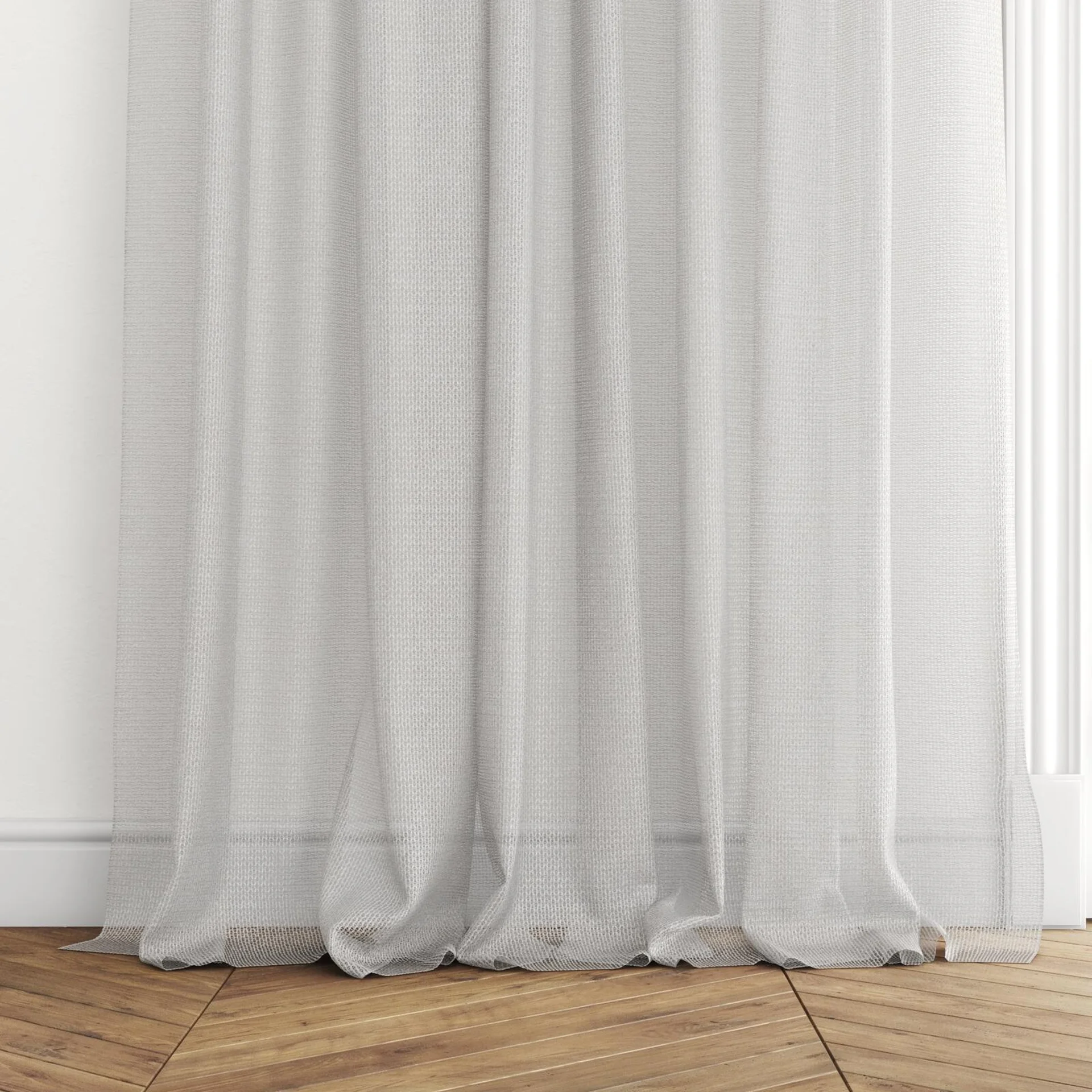 Bottom view of Cosmos Silver, puddled with pinch pleat, on curtain rod
