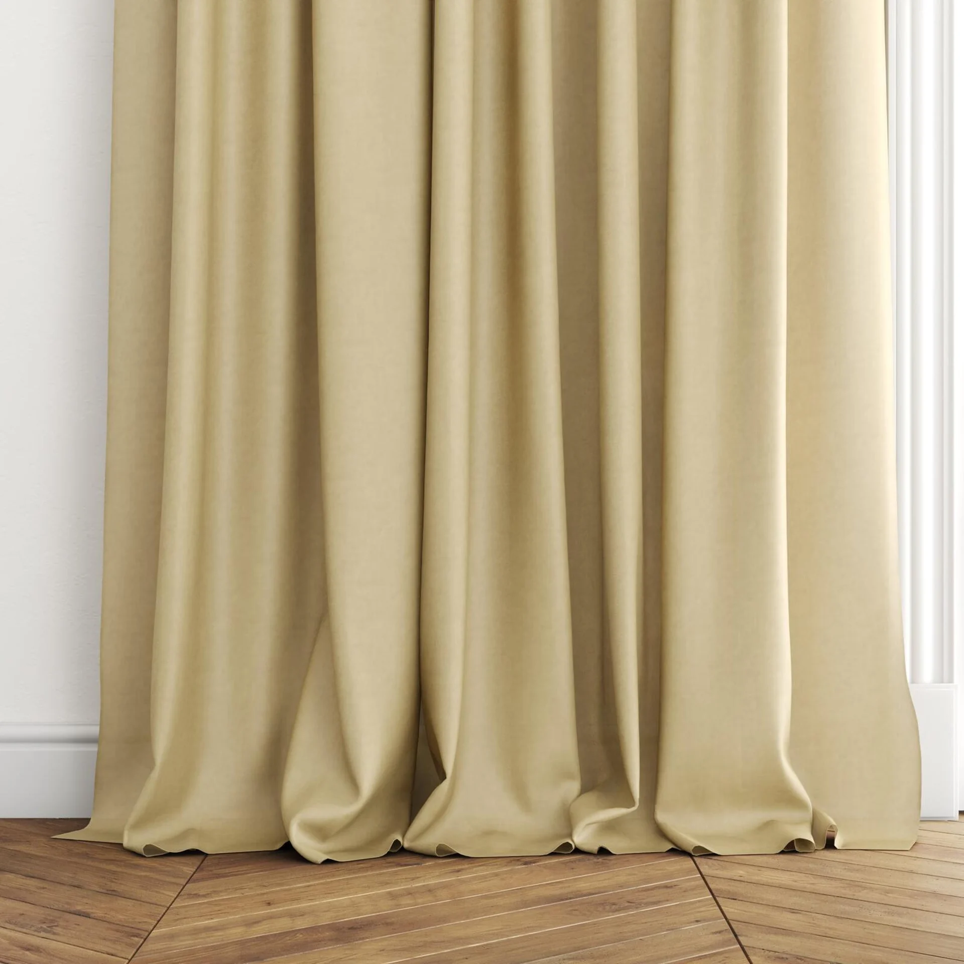 Bottom view of Flo II Almond, puddled with pinch pleat, on curtain rod