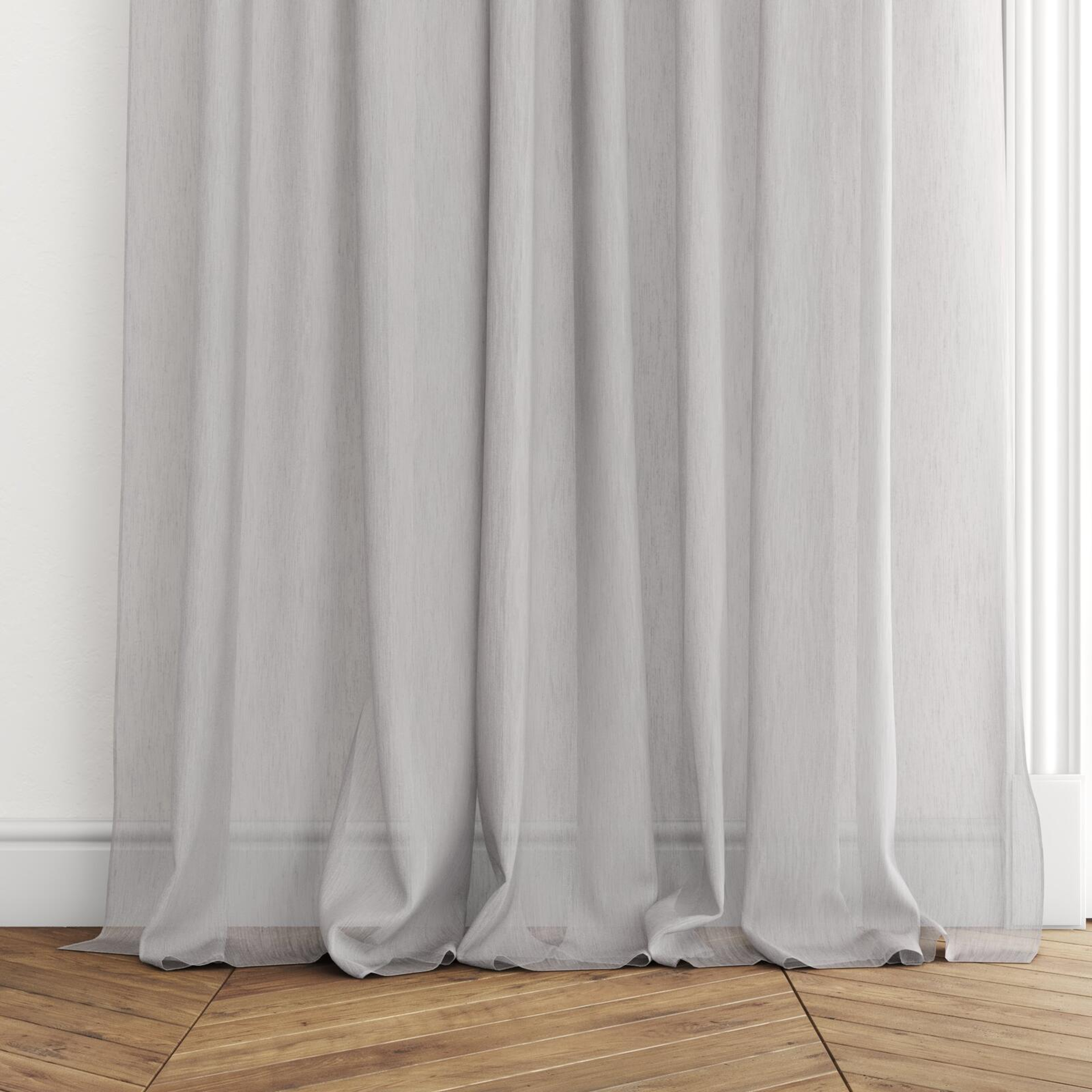 Bottom view of Stratus Smoke, puddled with pinch pleat, on curtain rod