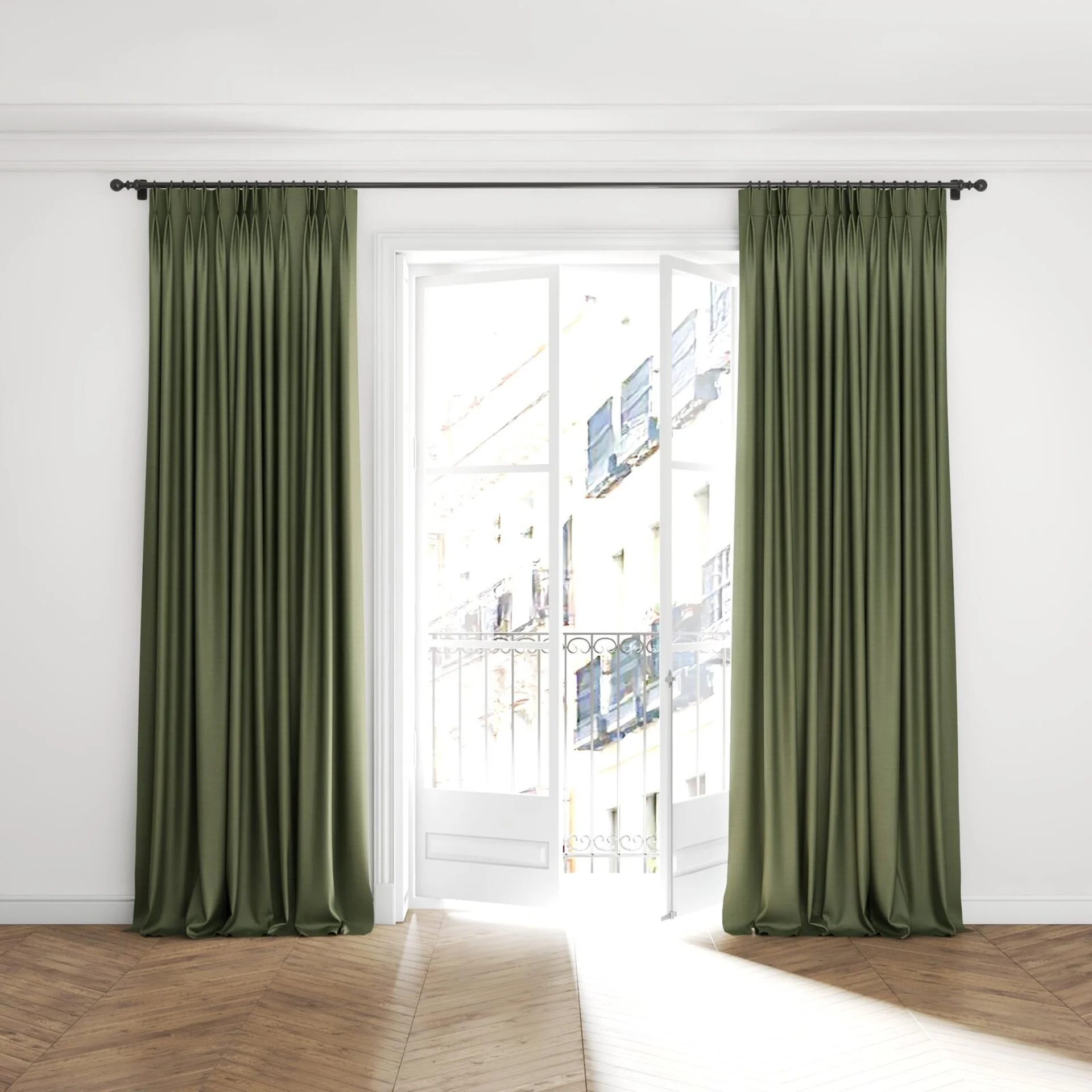 Full view of Linex Olive, puddled with pinch pleat, on curtain rod