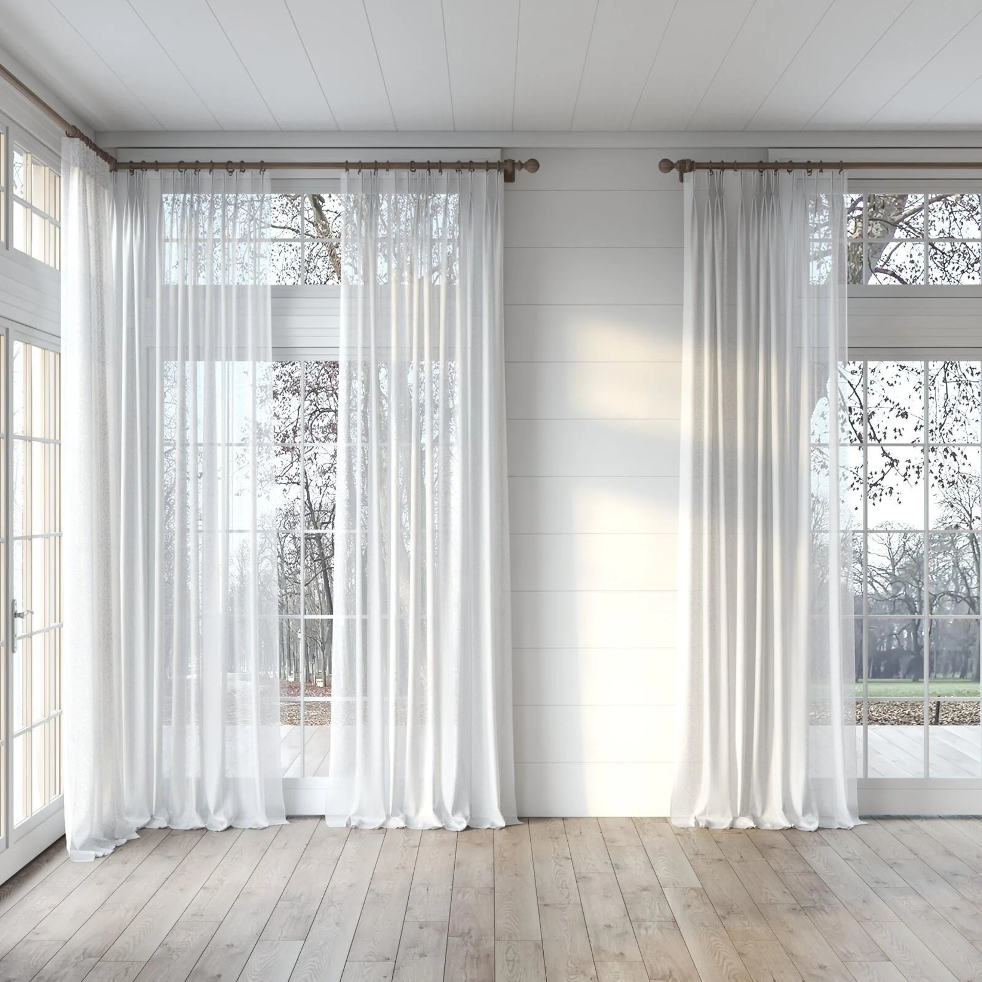 Full view of Laconia Air Ricepaper, puddled, on curtain rod
