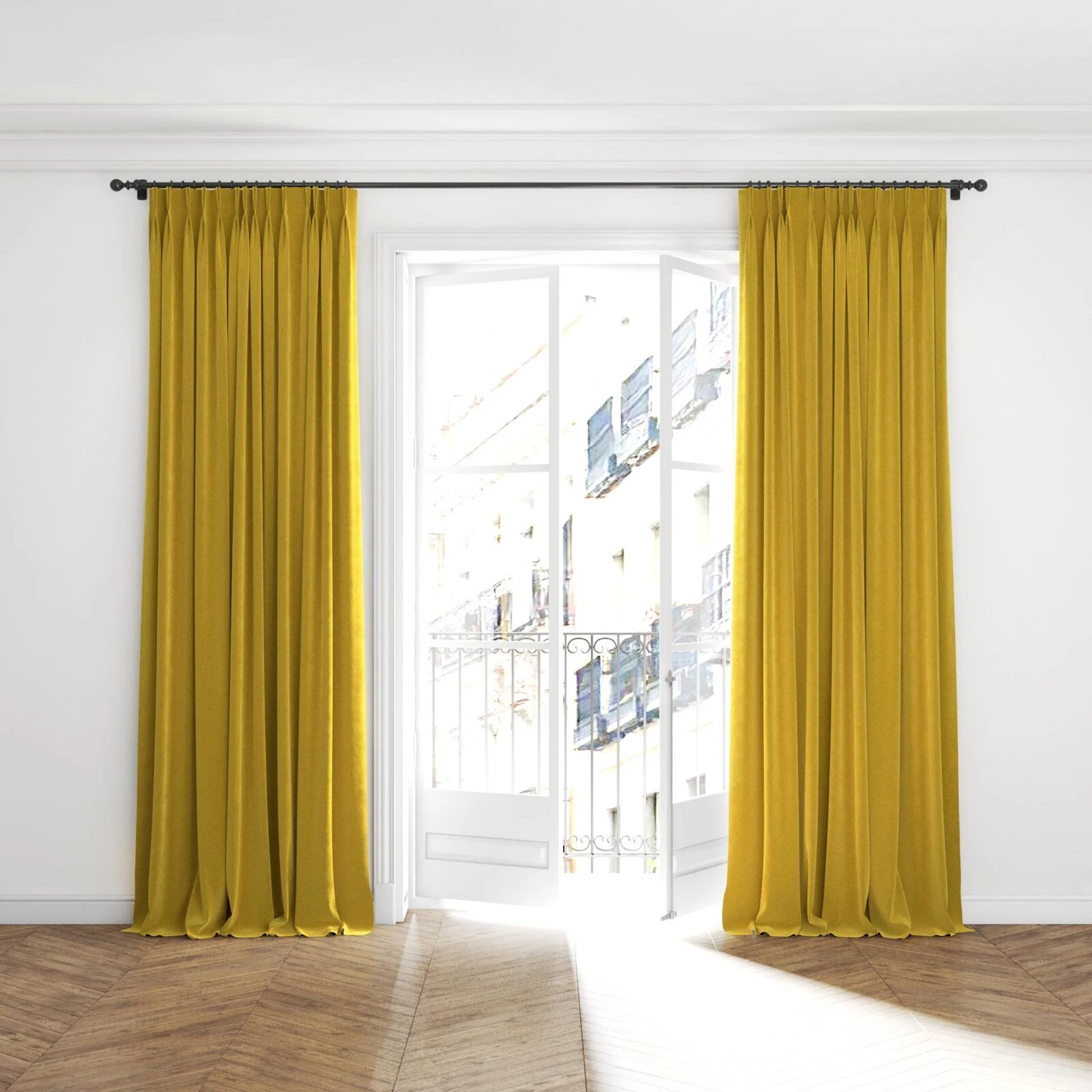 Full view of Verbier Hay, puddled with pinch pleat, on curtain rod