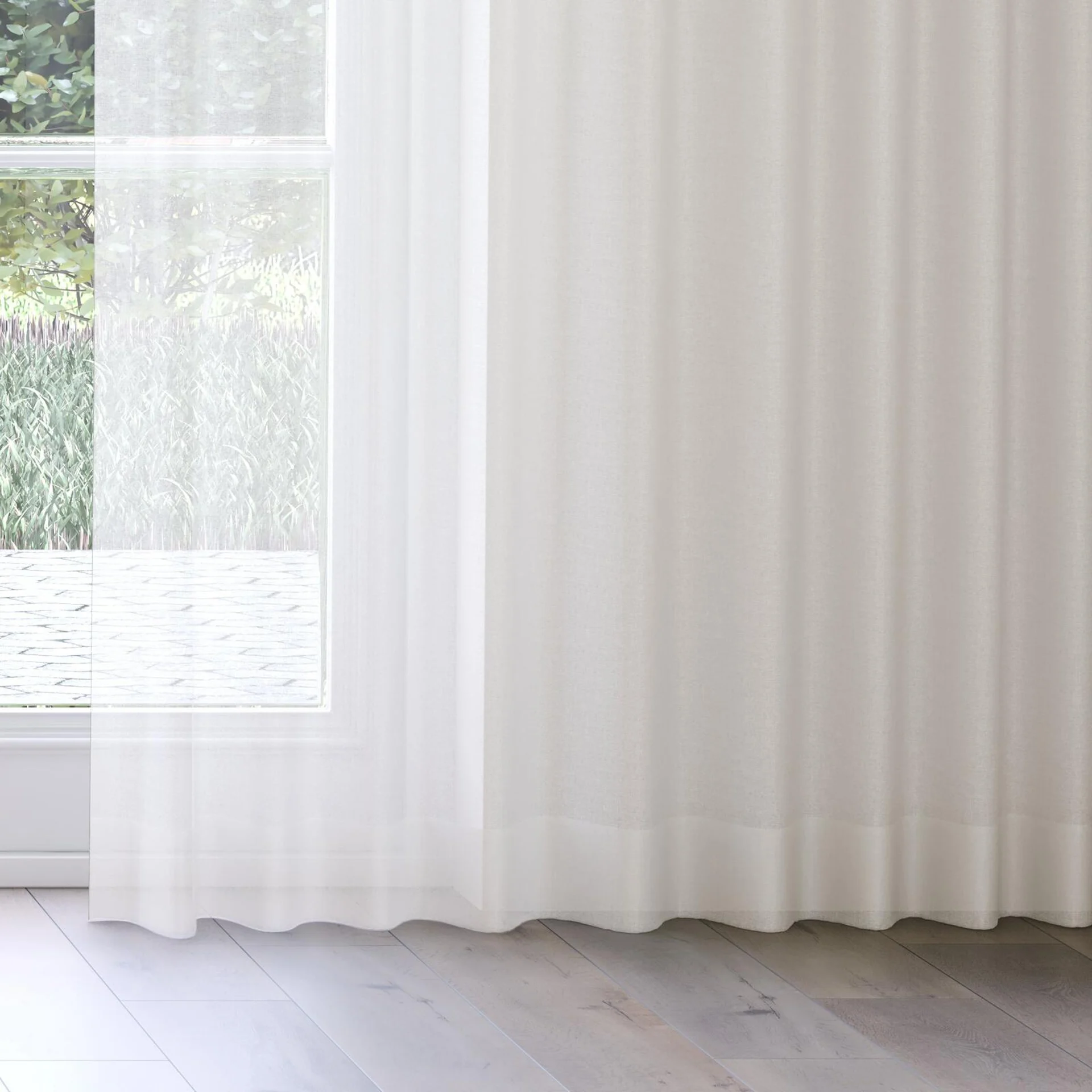 Bottom view of Kanji Ecru, on curtain rail