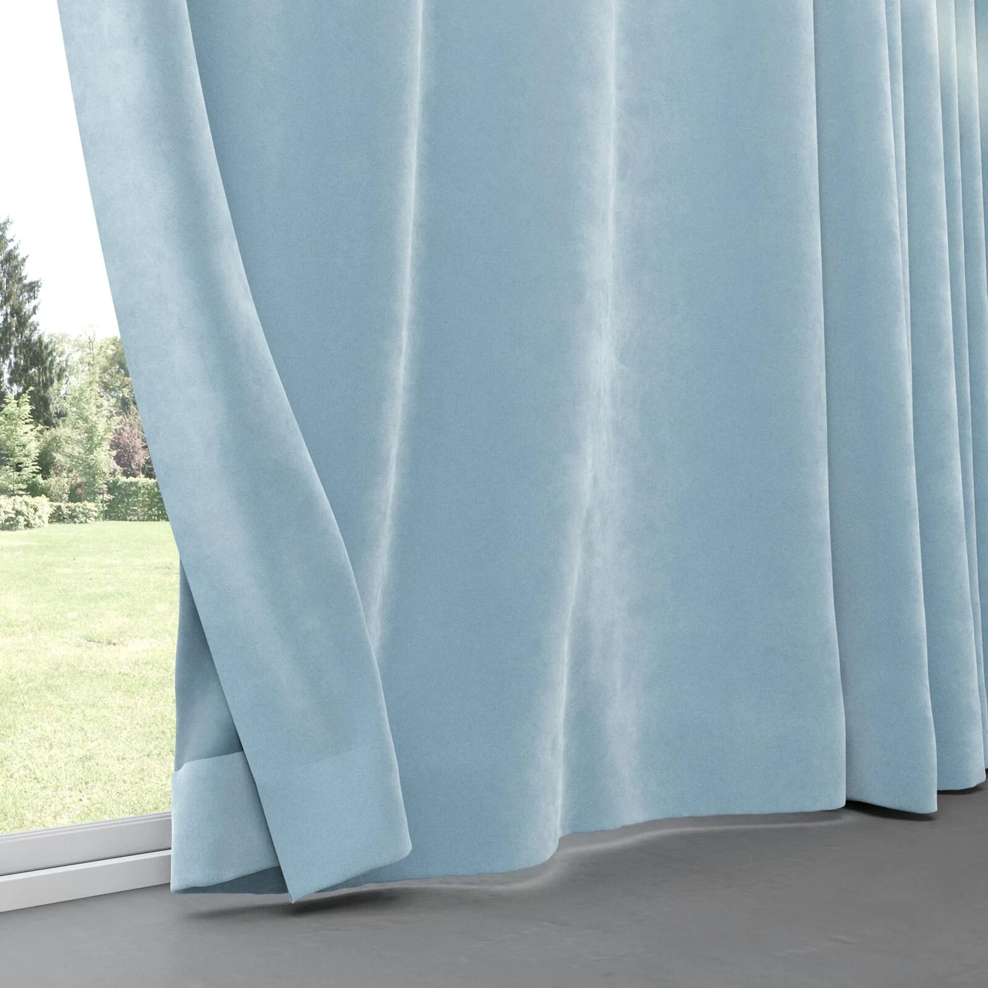 Bottom view of Lux Velvet Sky 8804, pinch pleat