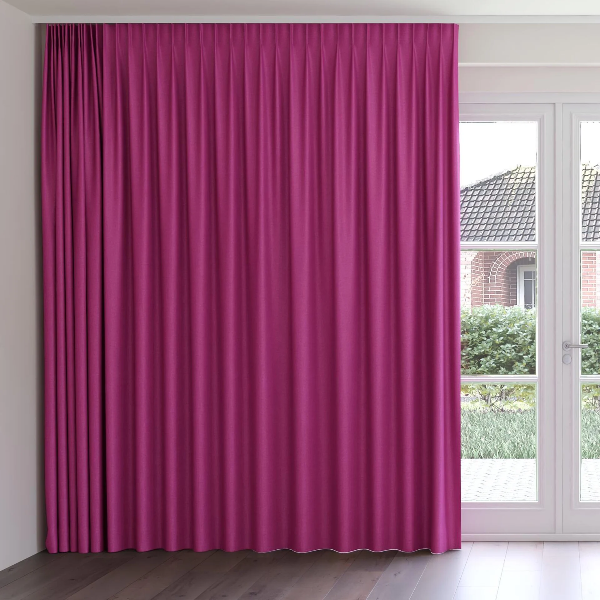 Front view of Cushy Fuchsia, on curtain rail