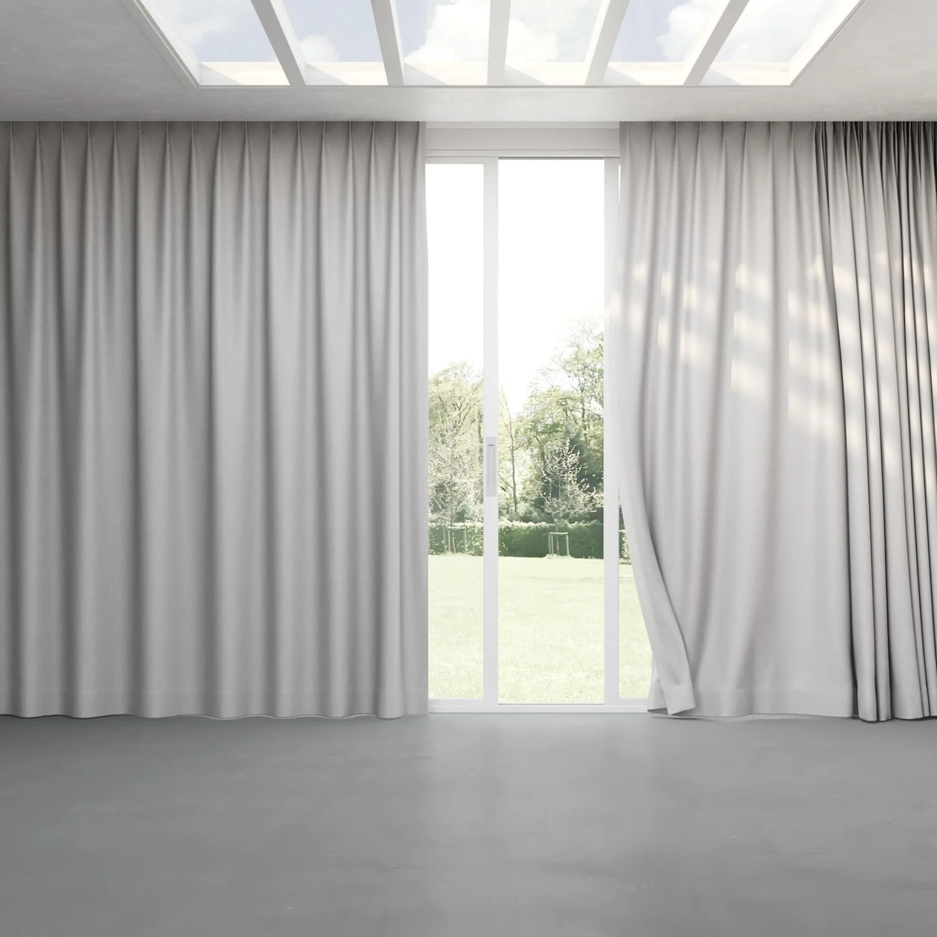 Full view of Retreat Blackout Stone, pinch pleat