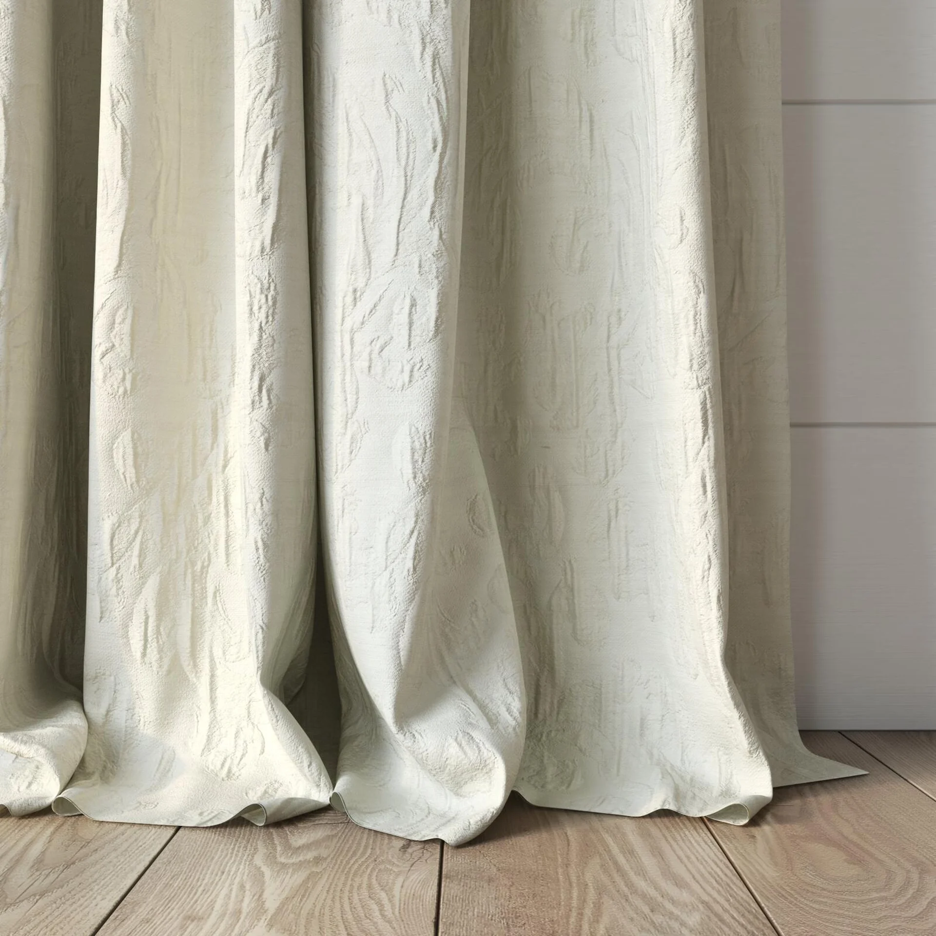 Bottom view of Juleste Sesame, puddled, on curtain rod
