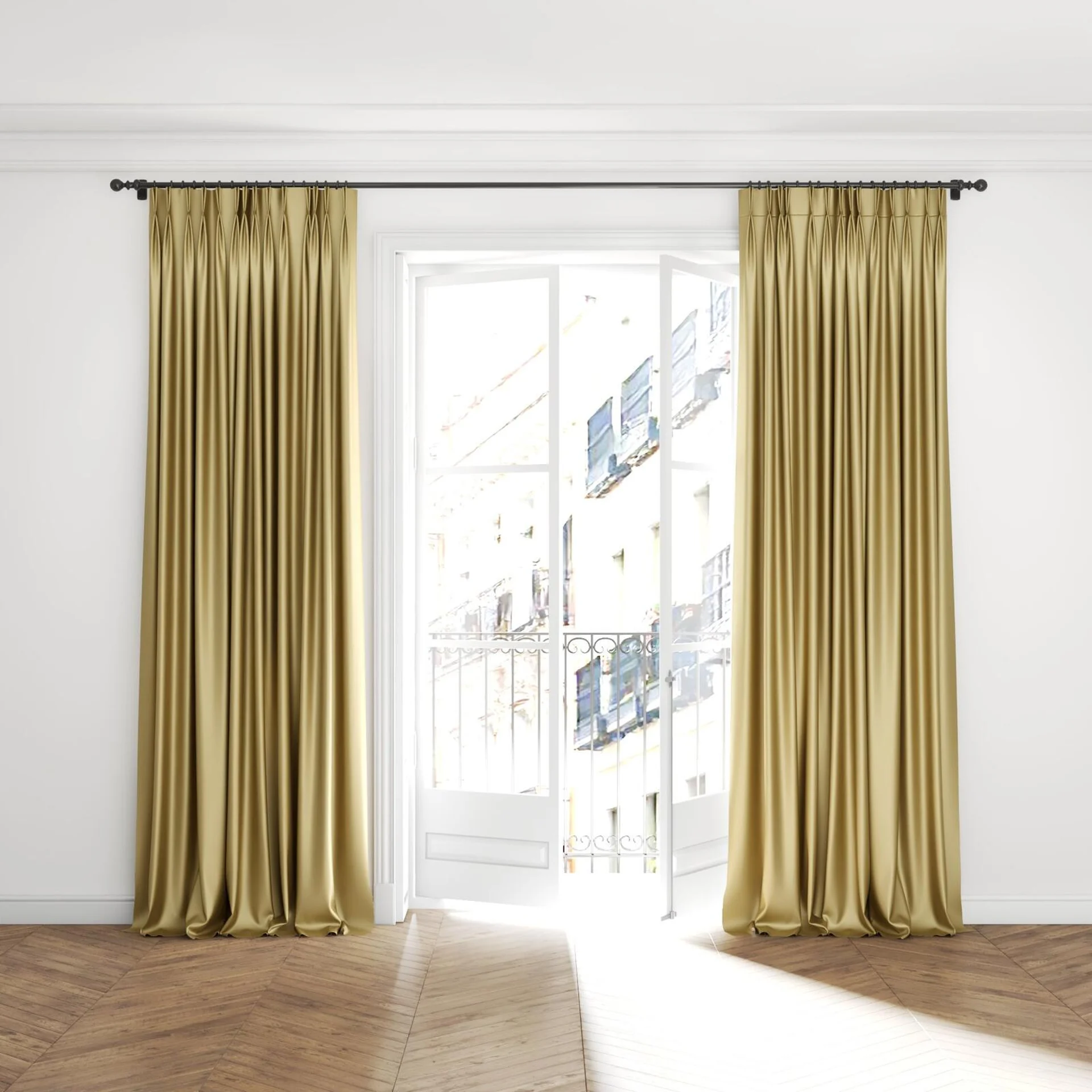 Full view of Moonbeam Biscotti, puddled with pinch pleat, on curtain rod