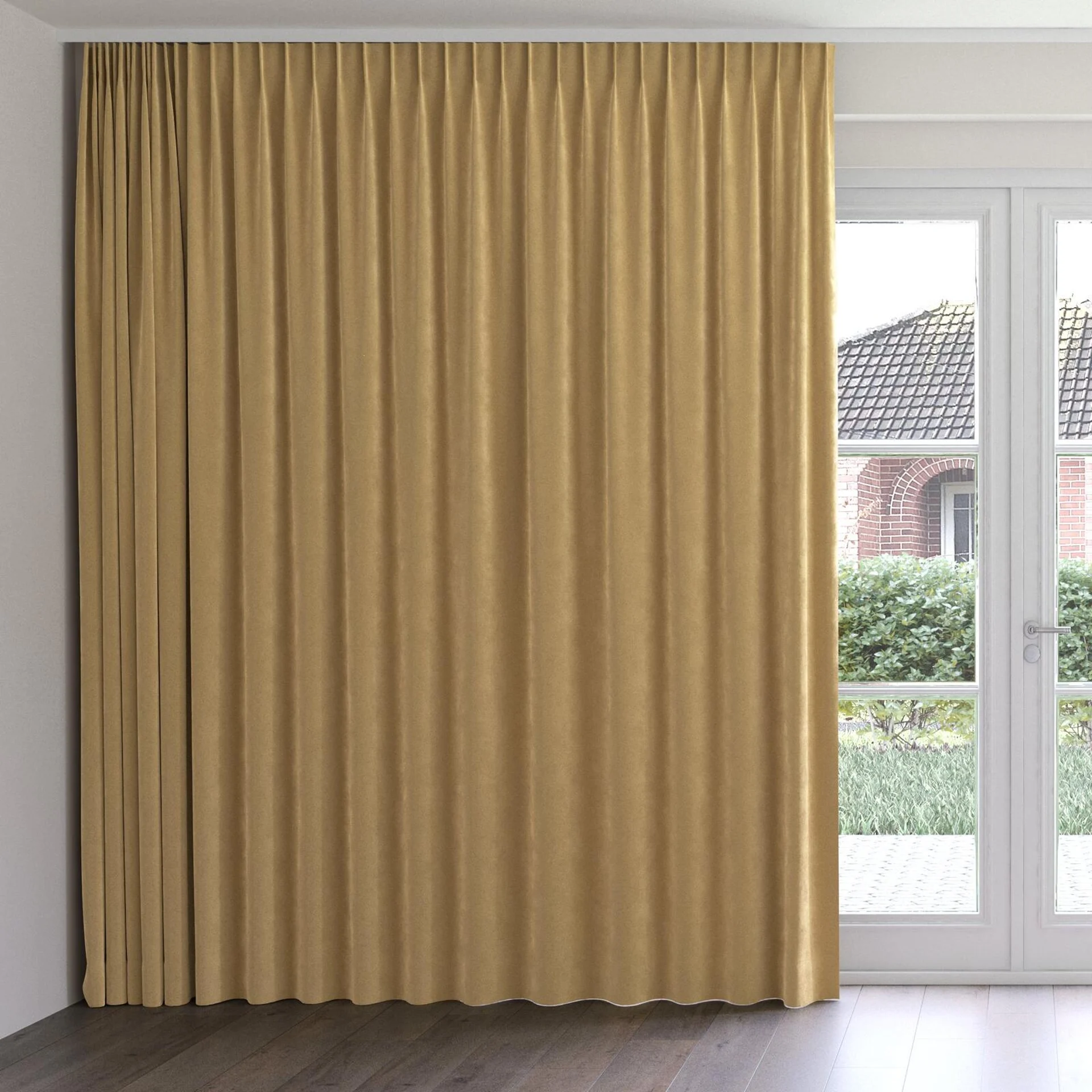 Front view of Lux Velvet Caramel 8309, on curtain rail
