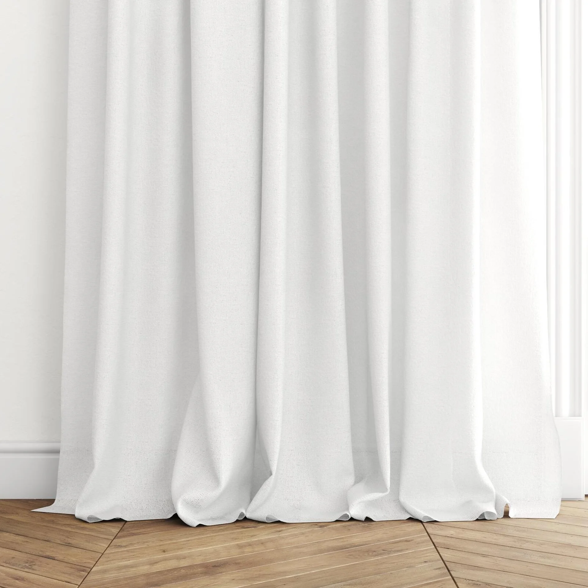 Bottom view of Mindful Blanc, puddled with pinch pleat, on curtain rod