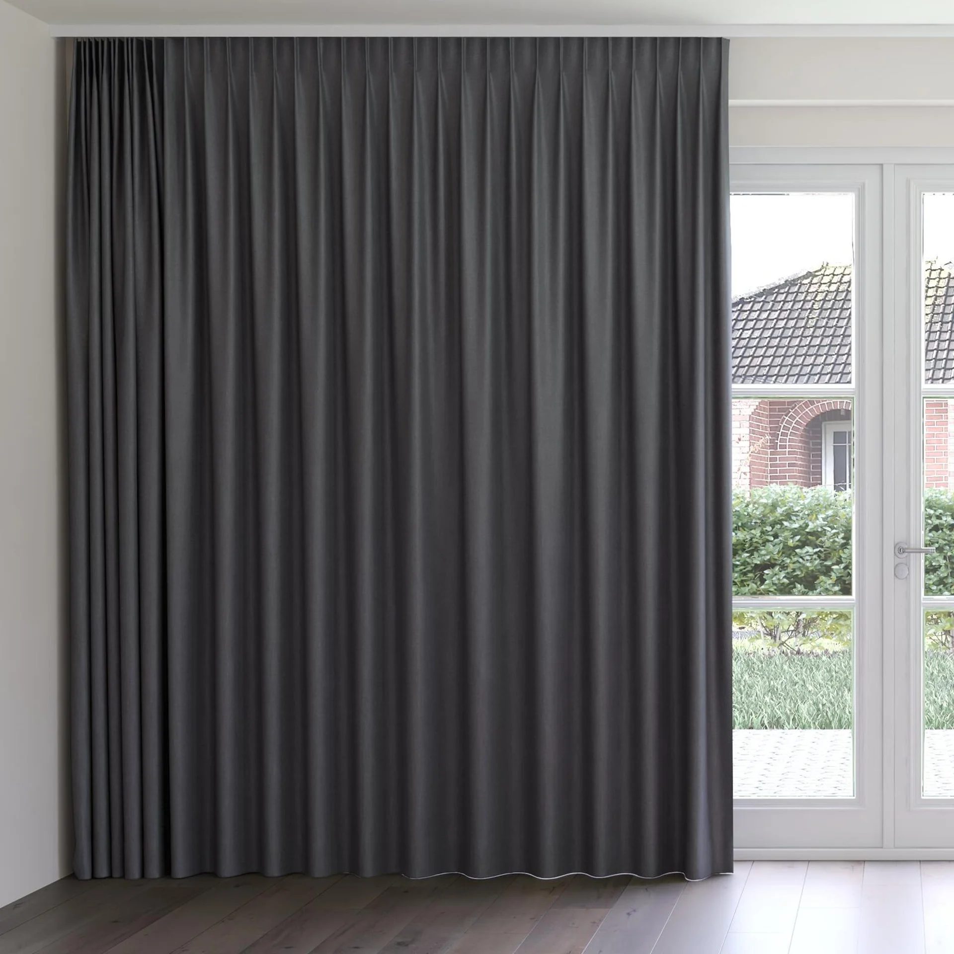 Front view of Cushy Pewter, on curtain rail