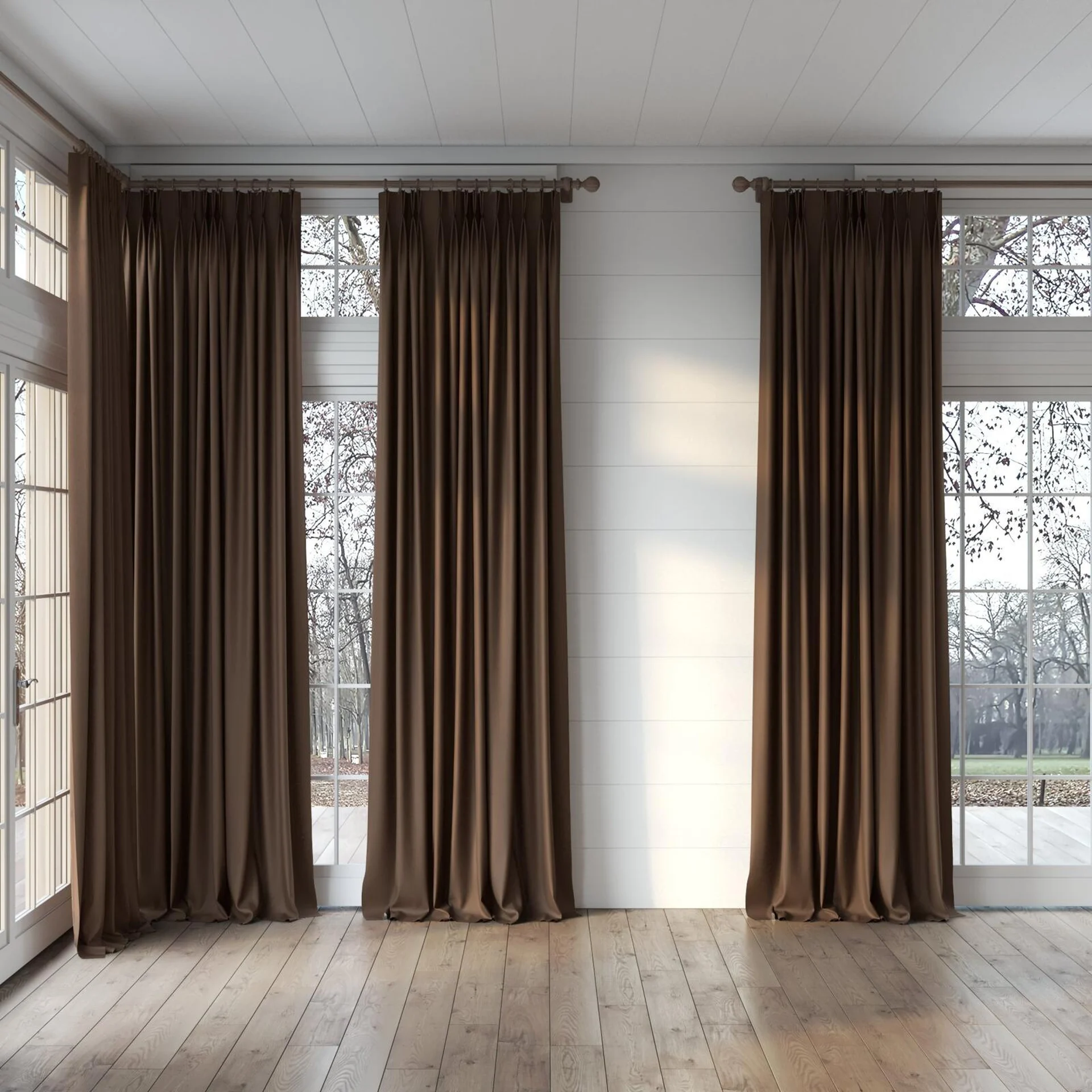 Full view of Eternal Nutmeg, puddled, on curtain rod