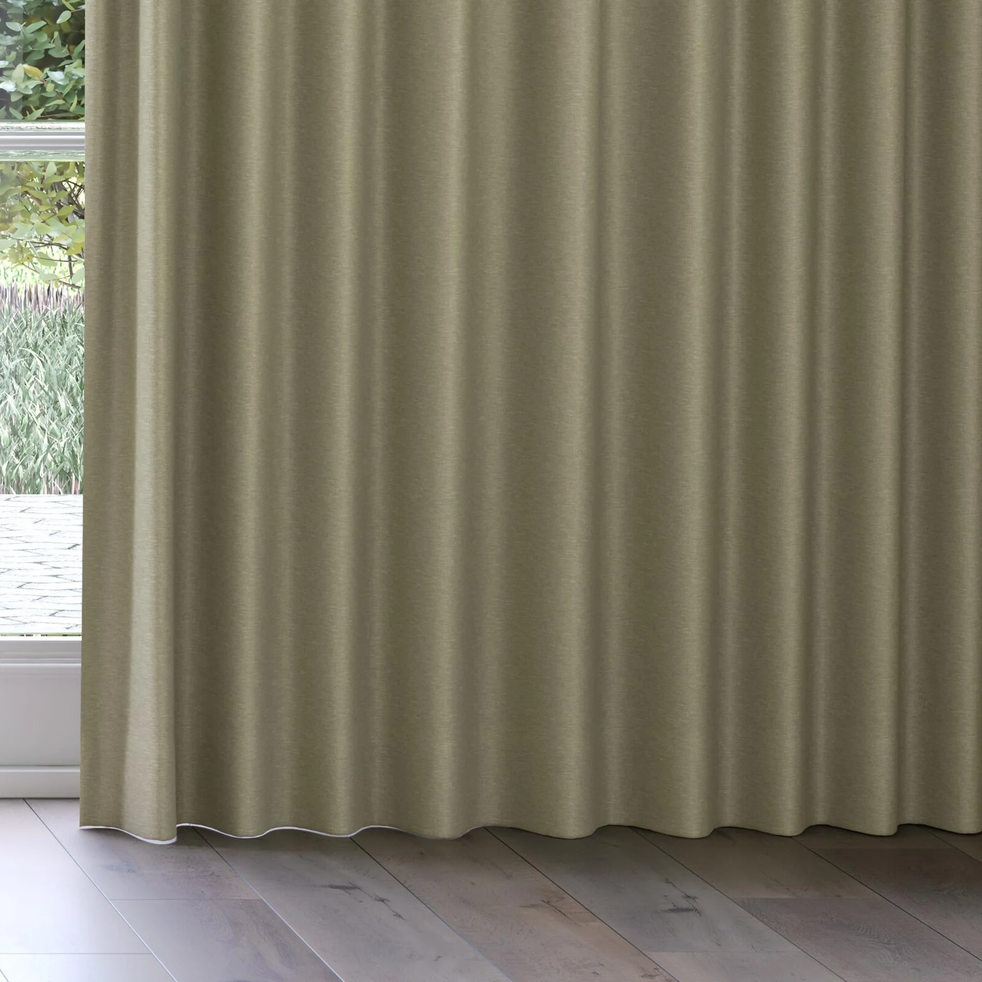 Bottom view of Colourwash Eco Khaki, on curtain rail