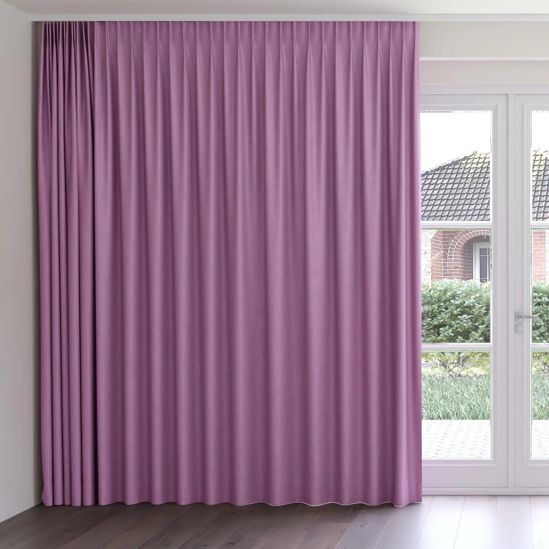 Front view of Hometown Purple, on curtain rail