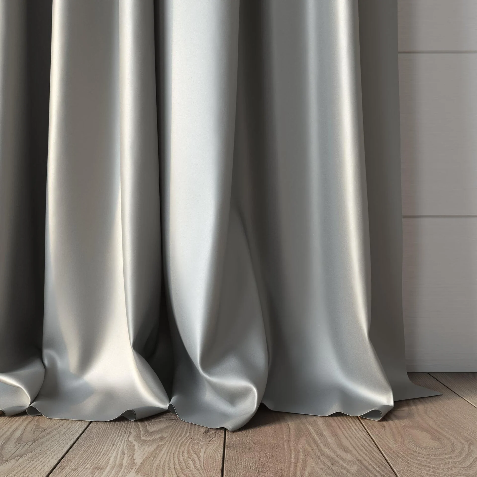 Bottom view of Sleek Silver, puddled, on curtain rod