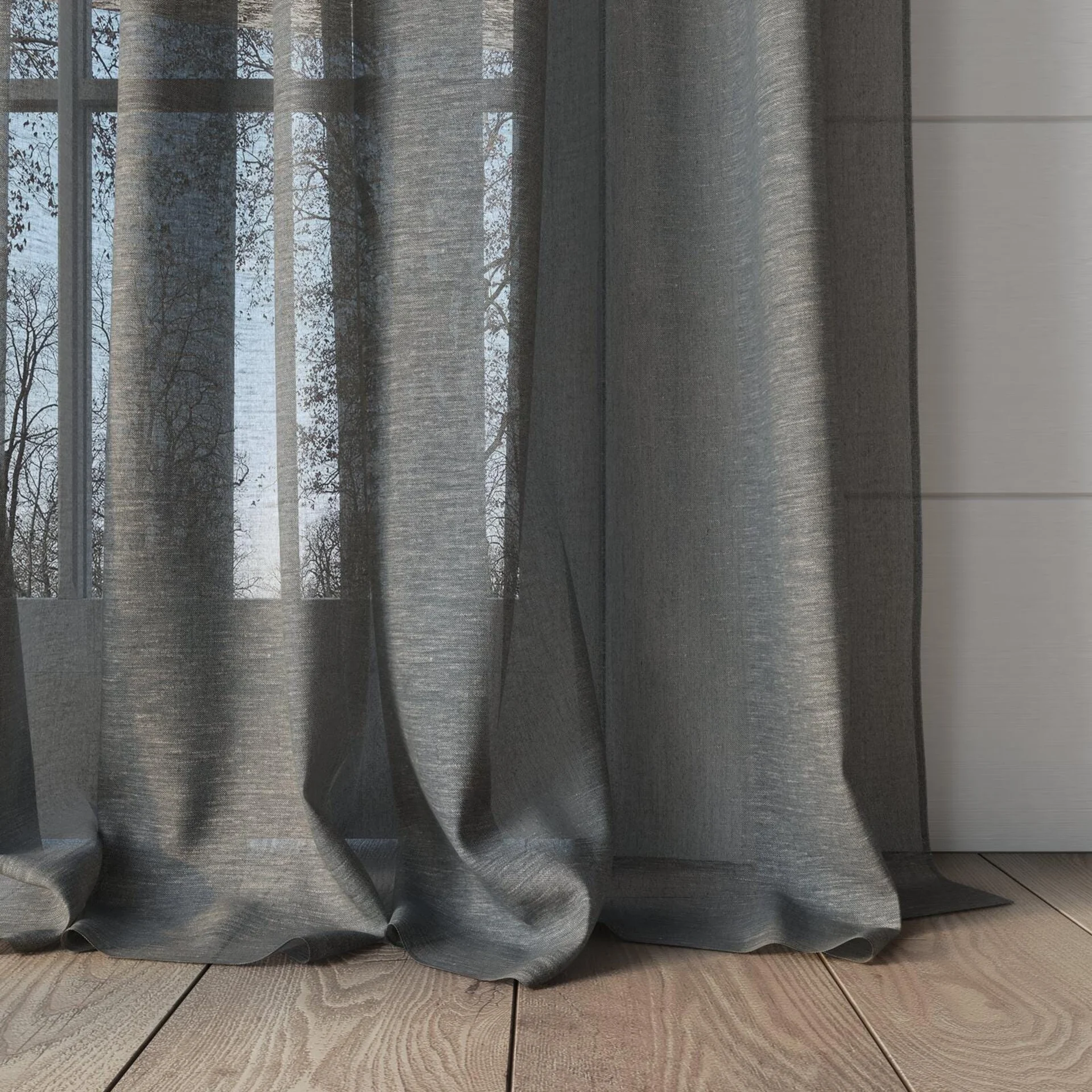 Bottom view of Locomotion Liquorice, puddled, on curtain rod