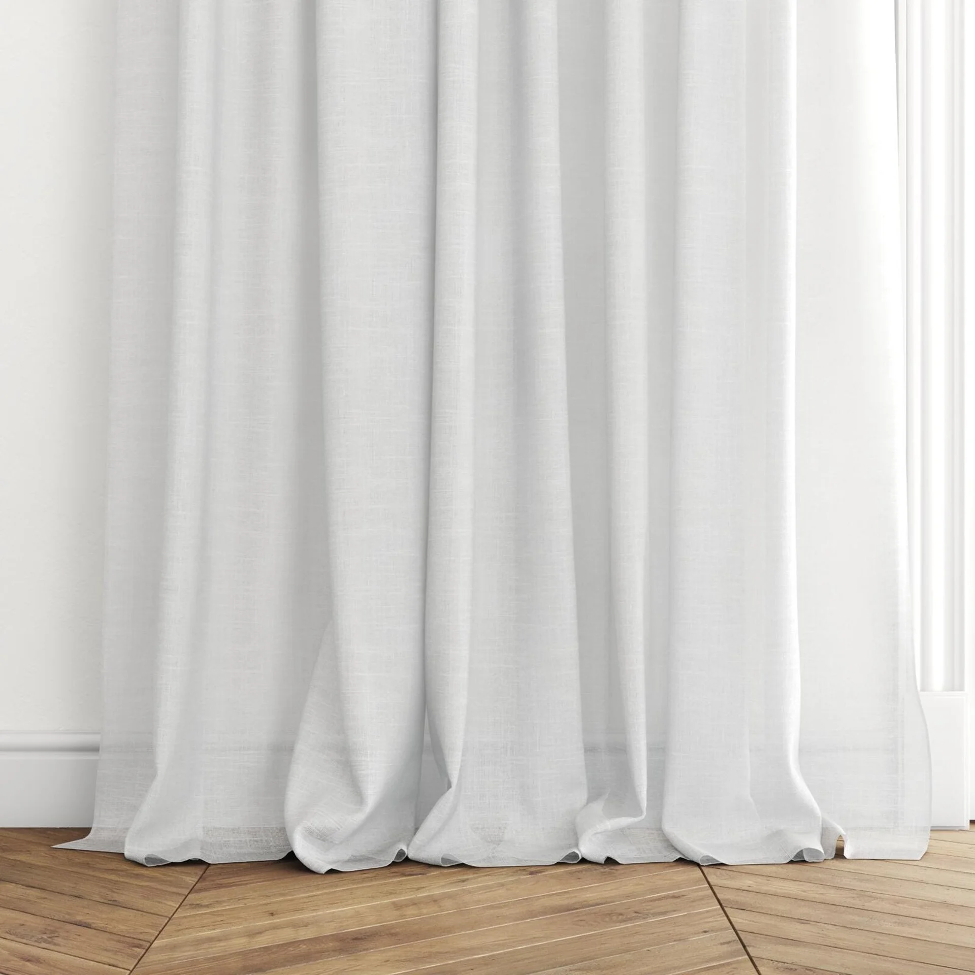Bottom view of Angelic Snow, puddled with pinch pleat, on curtain rod