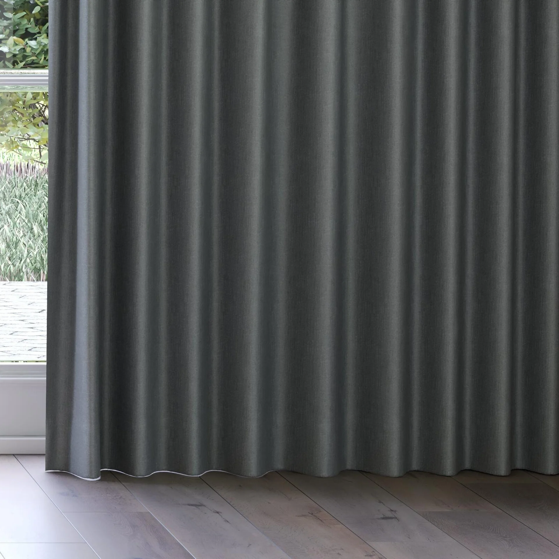 Bottom view of Retreat Blackout Charcoal, on curtain rail