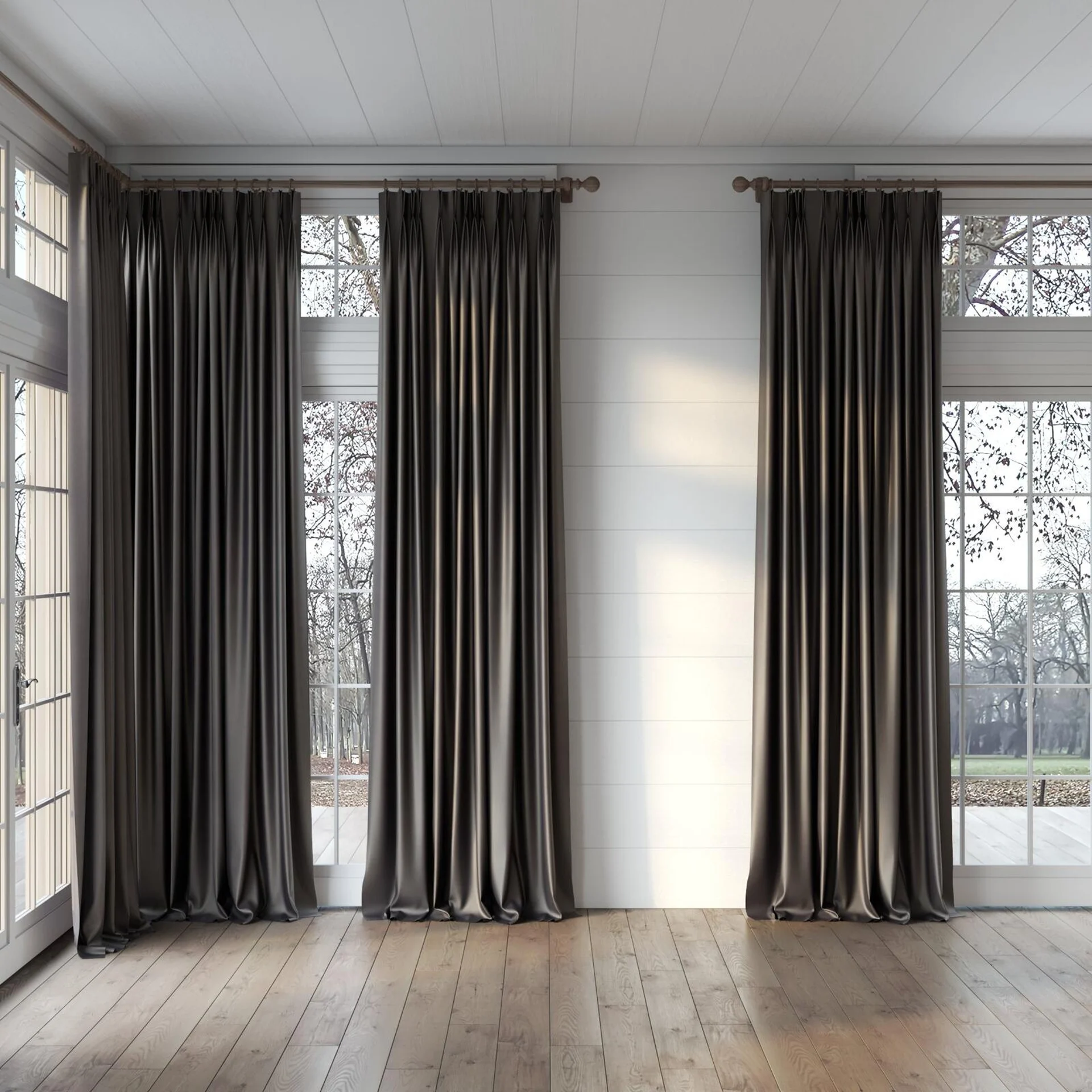 Full view of Glacial Pewter, puddled, on curtain rod