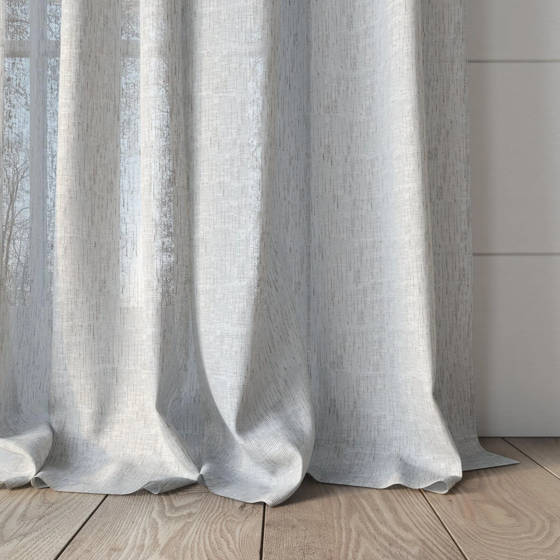 Bottom view of Shoji Silver Birch, puddled, on curtain rod