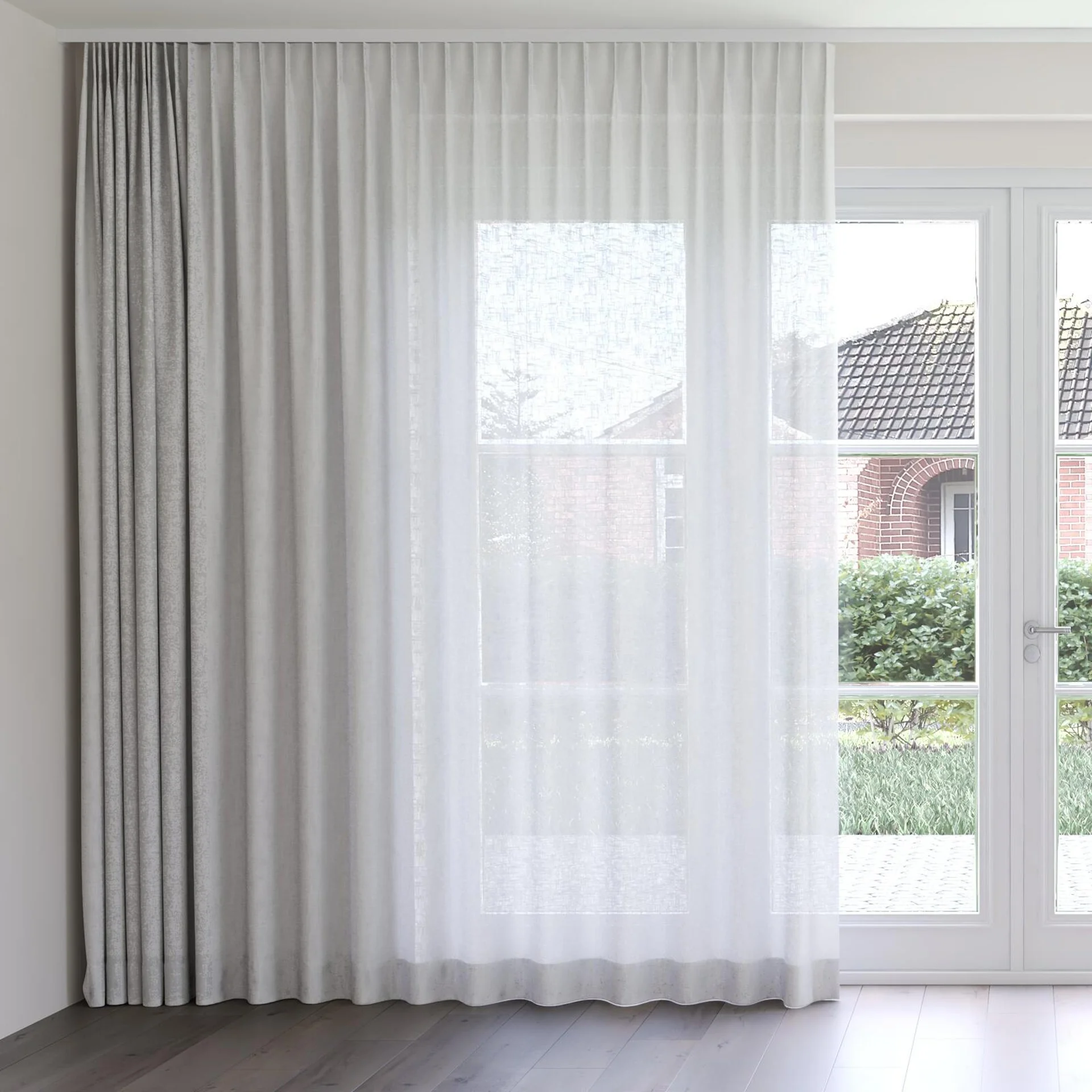 Front view of Adobe Silver, on curtain rail