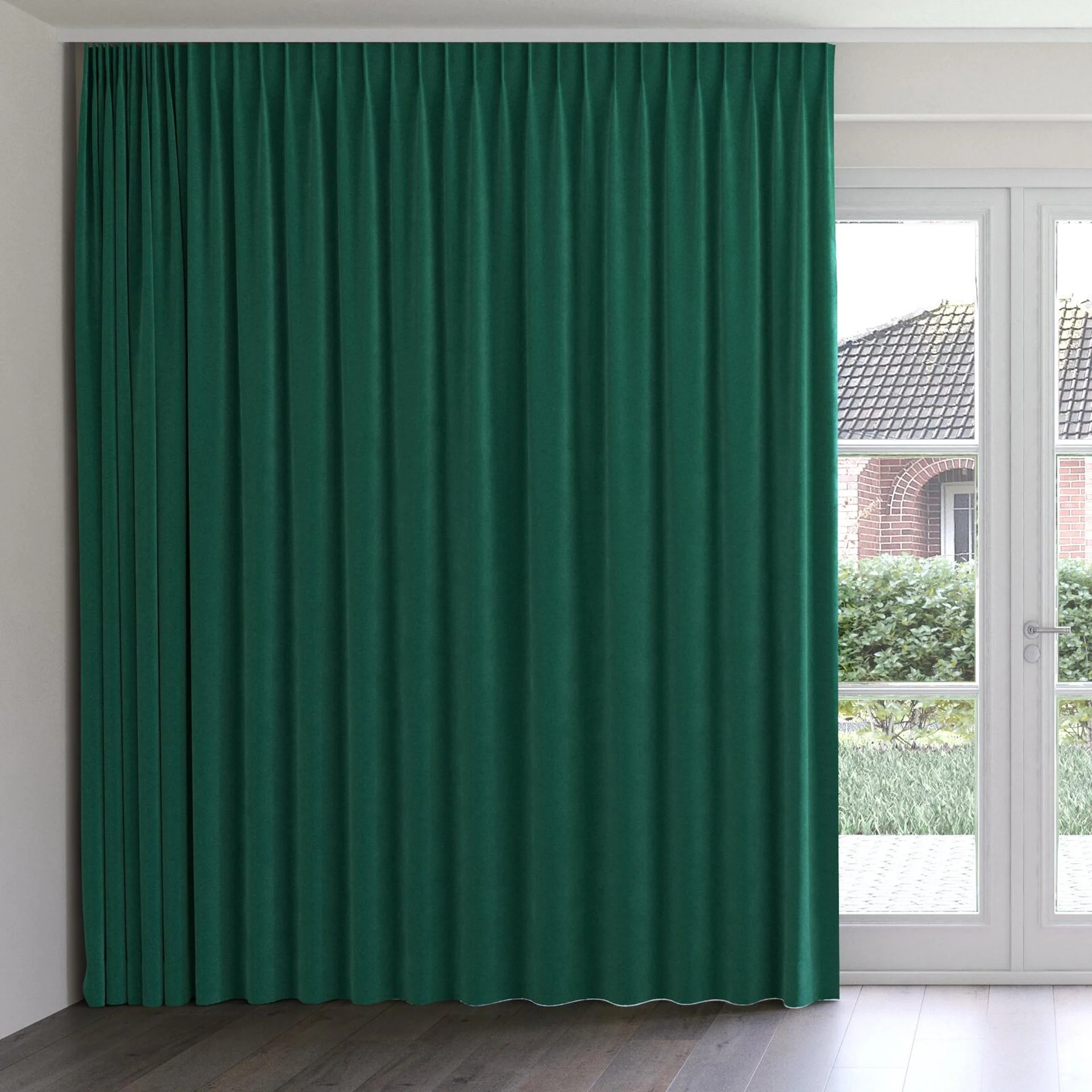 Front view of Moon Emerald, on curtain rail