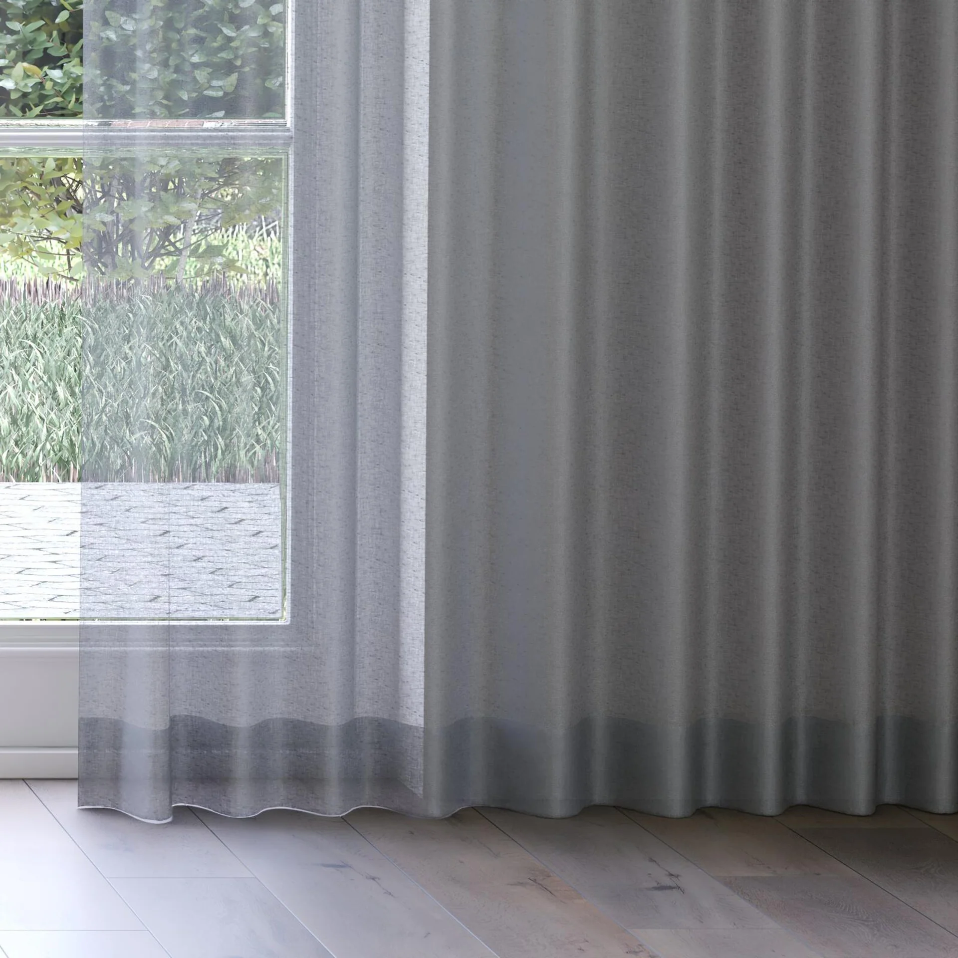 Bottom view of Kanso Stonewash Slate, on curtain rail