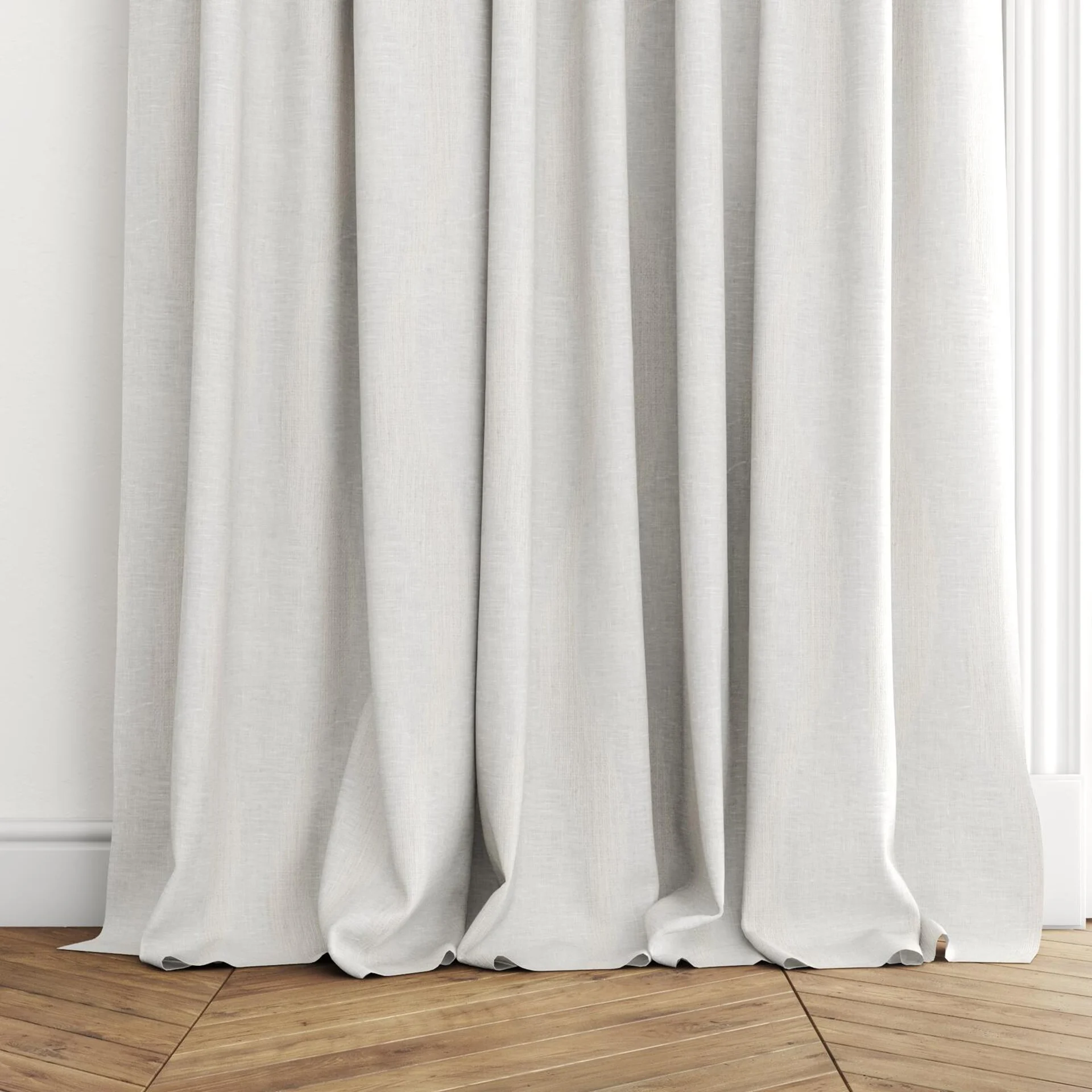Bottom view of Paramount Paramount Sand, puddled with pinch pleat, on curtain rod
