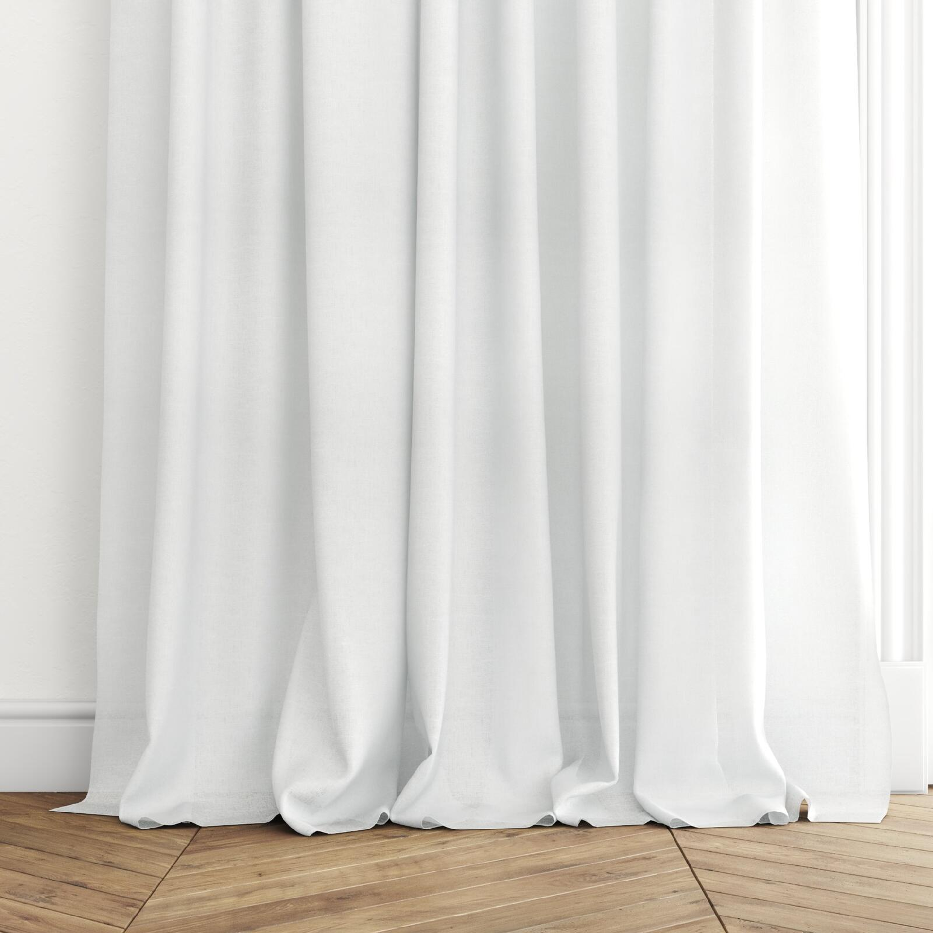Bottom view of Open Ice, puddled with pinch pleat, on curtain rod