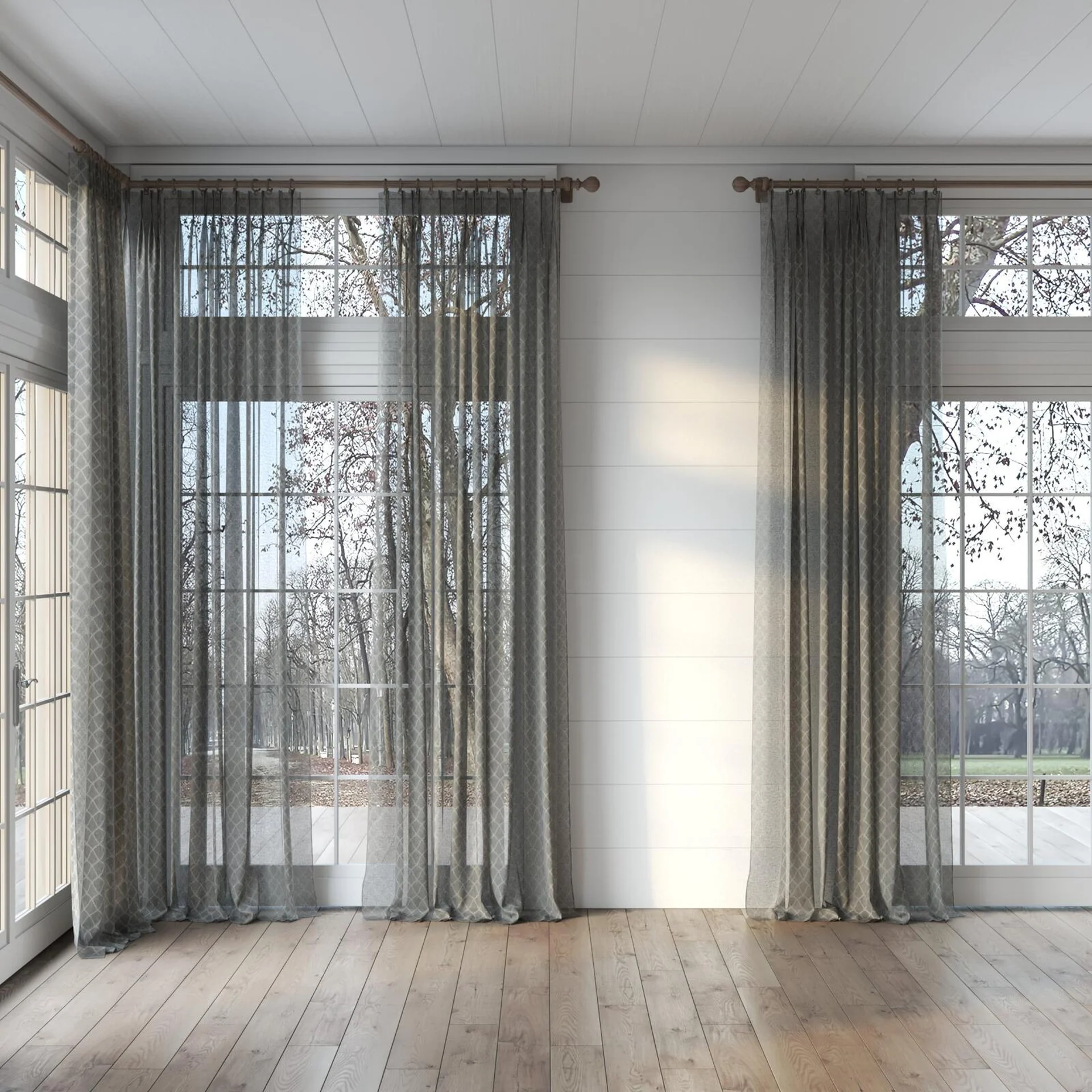 Full view of Marie Griffin, puddled, on curtain rod