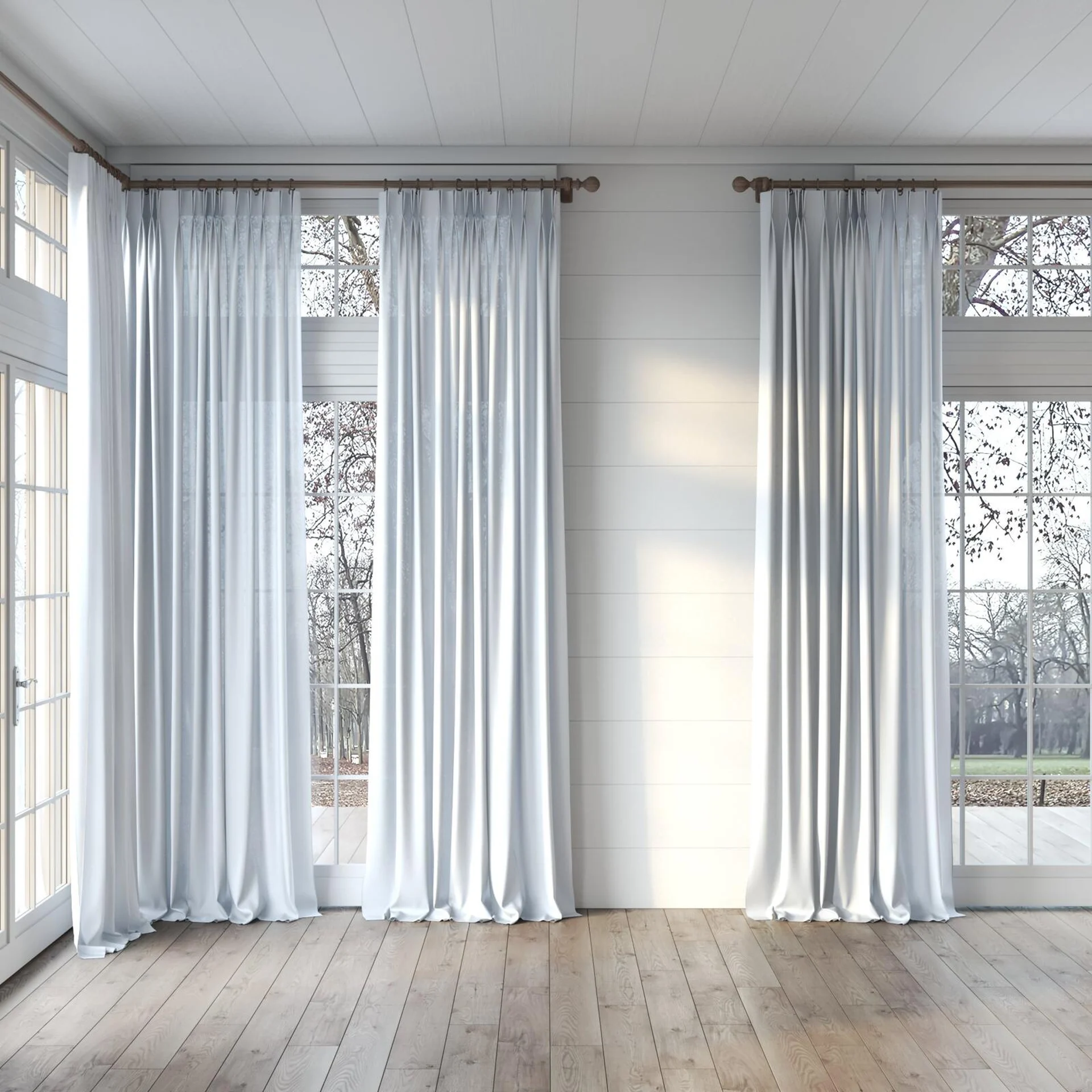 Full view of Kite Fog, puddled, on curtain rod