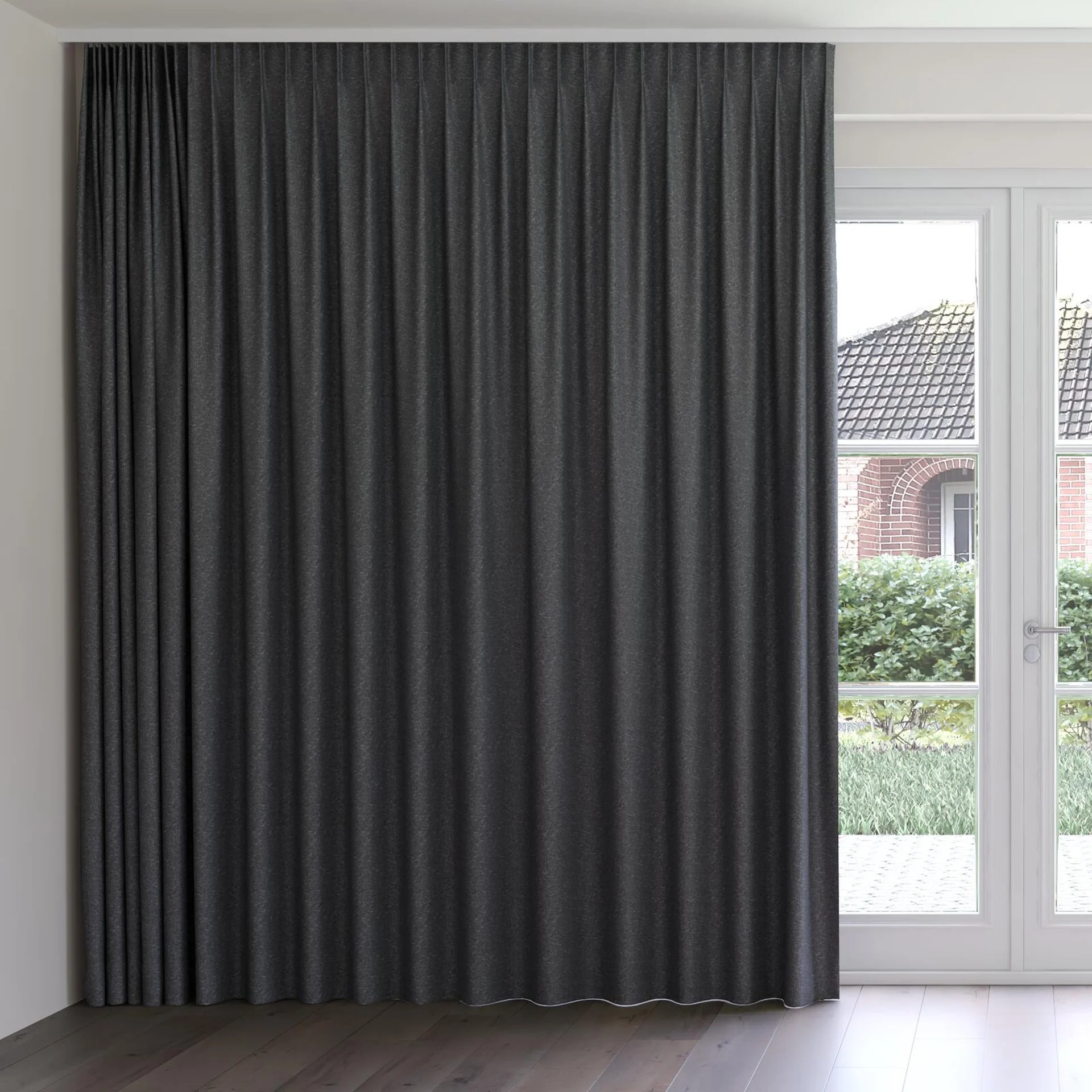Front view of Bora Bora Charcoal, on curtain rail