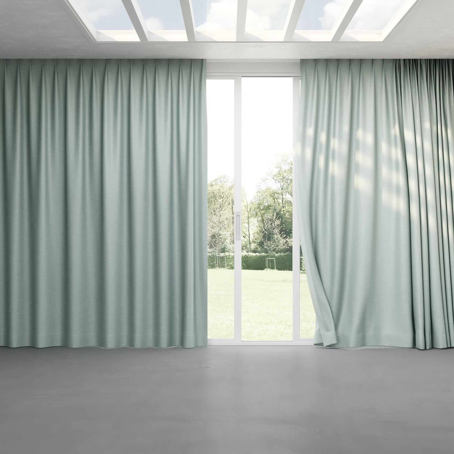 Full view of Tonto Celadon, pinch pleat