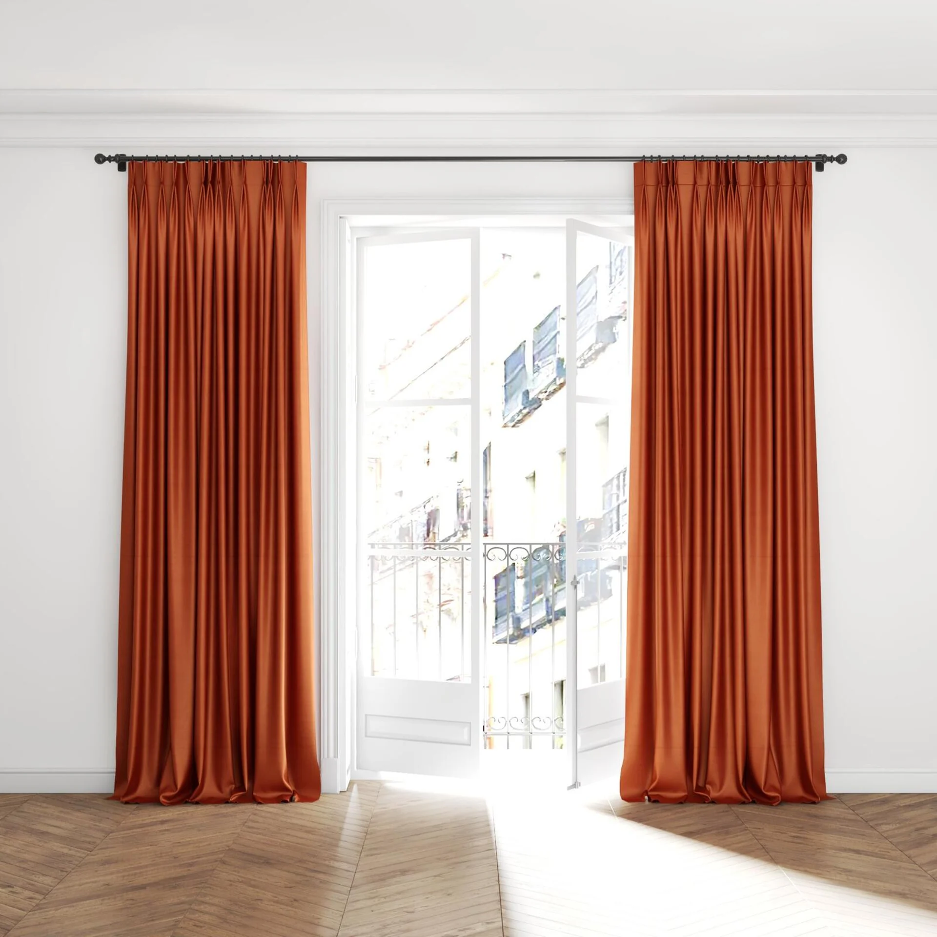 Full view of Warlock Chili, puddled with pinch pleat, on curtain rod