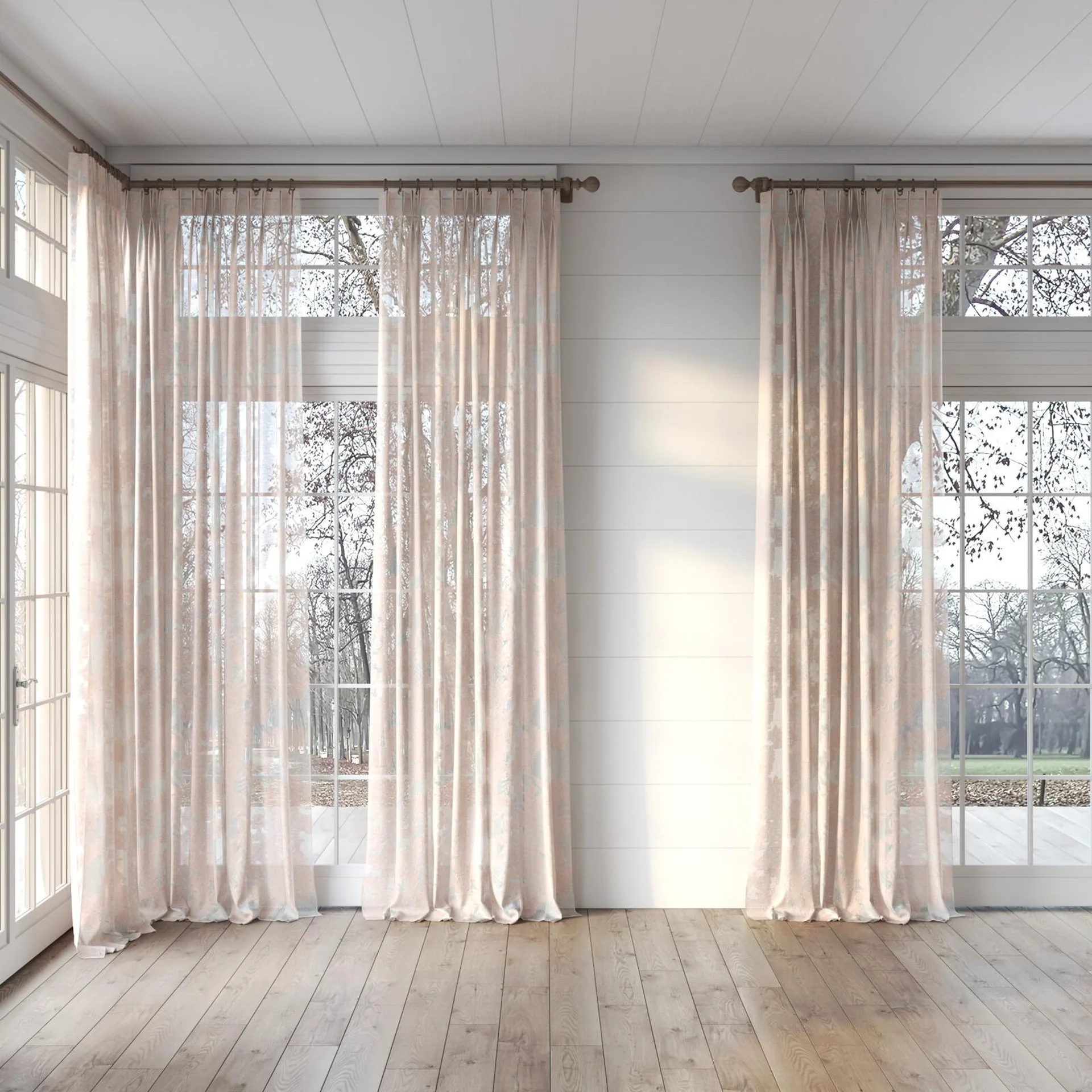 Full view of Triora Blossom, puddled, on curtain rod