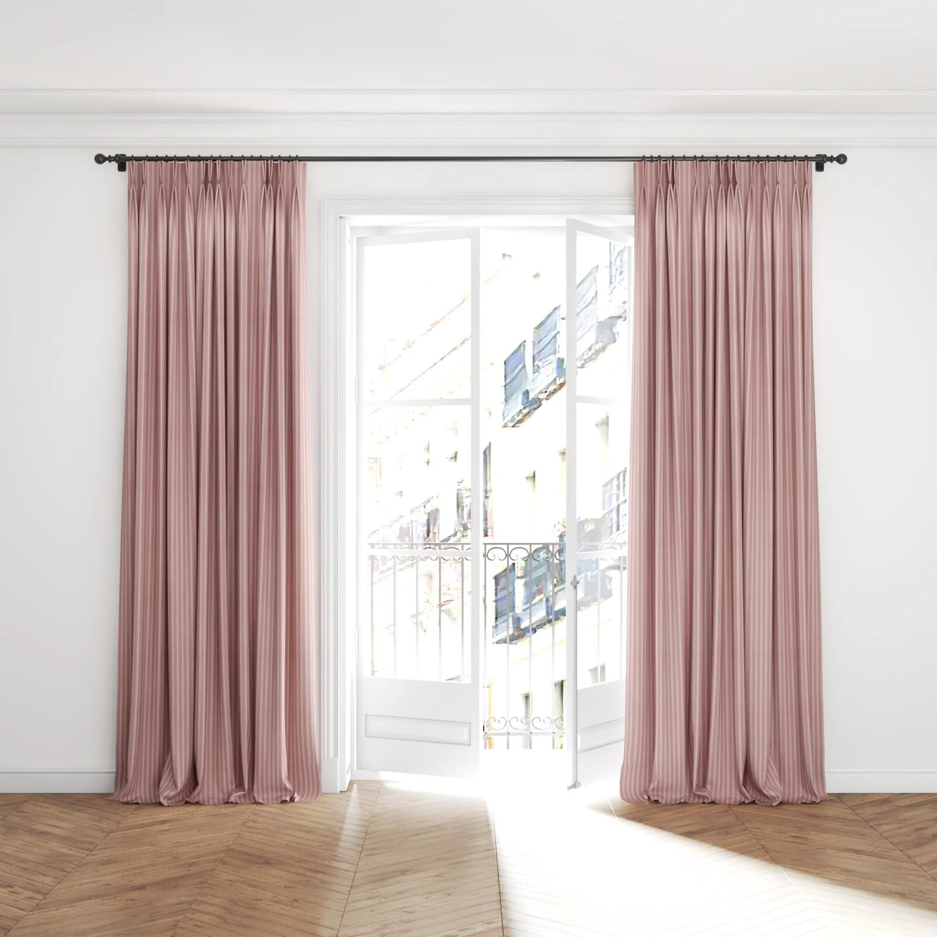 Full view of Cordial Petal, puddled with pinch pleat, on curtain rod