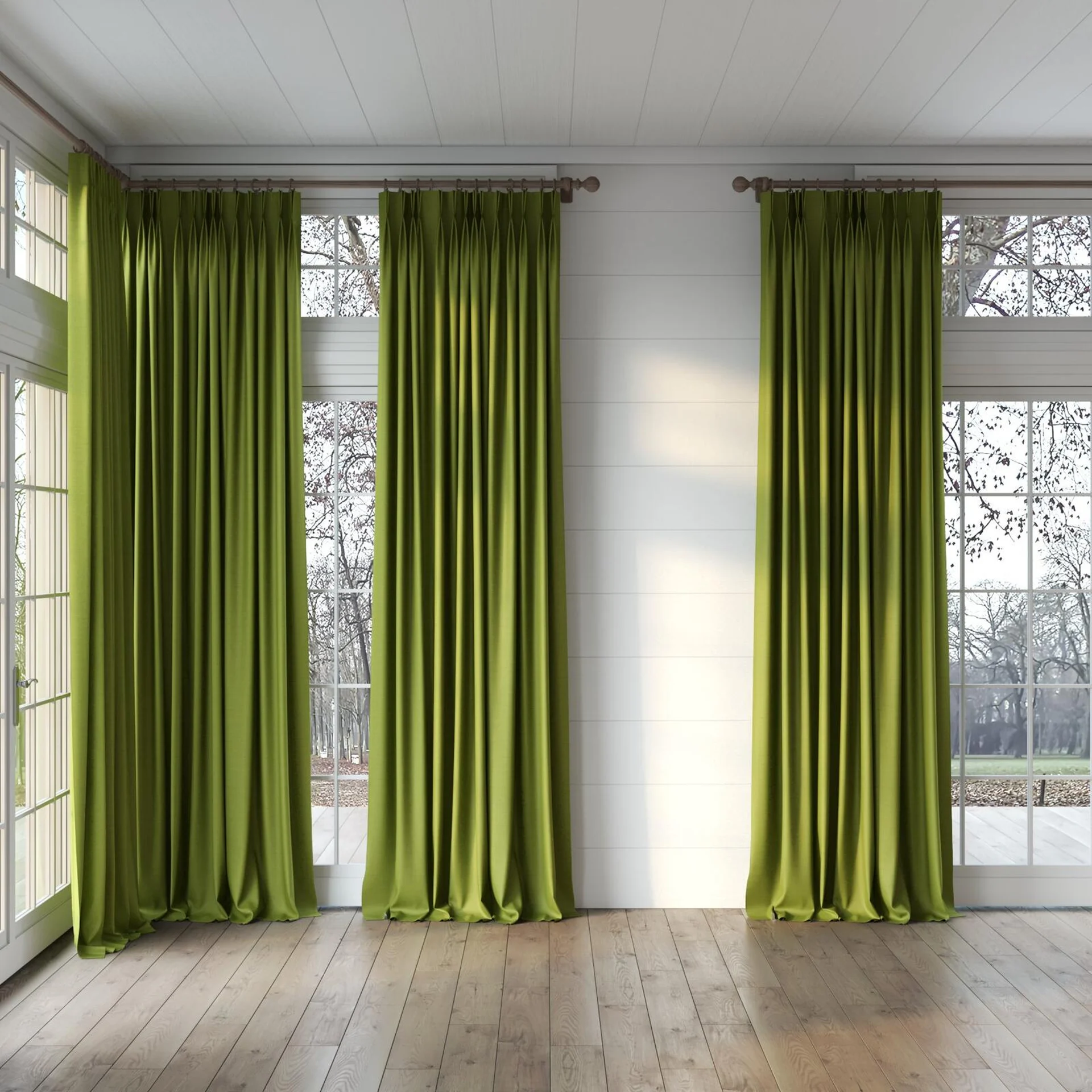 Full view of Linex Leaf, puddled, on curtain rod