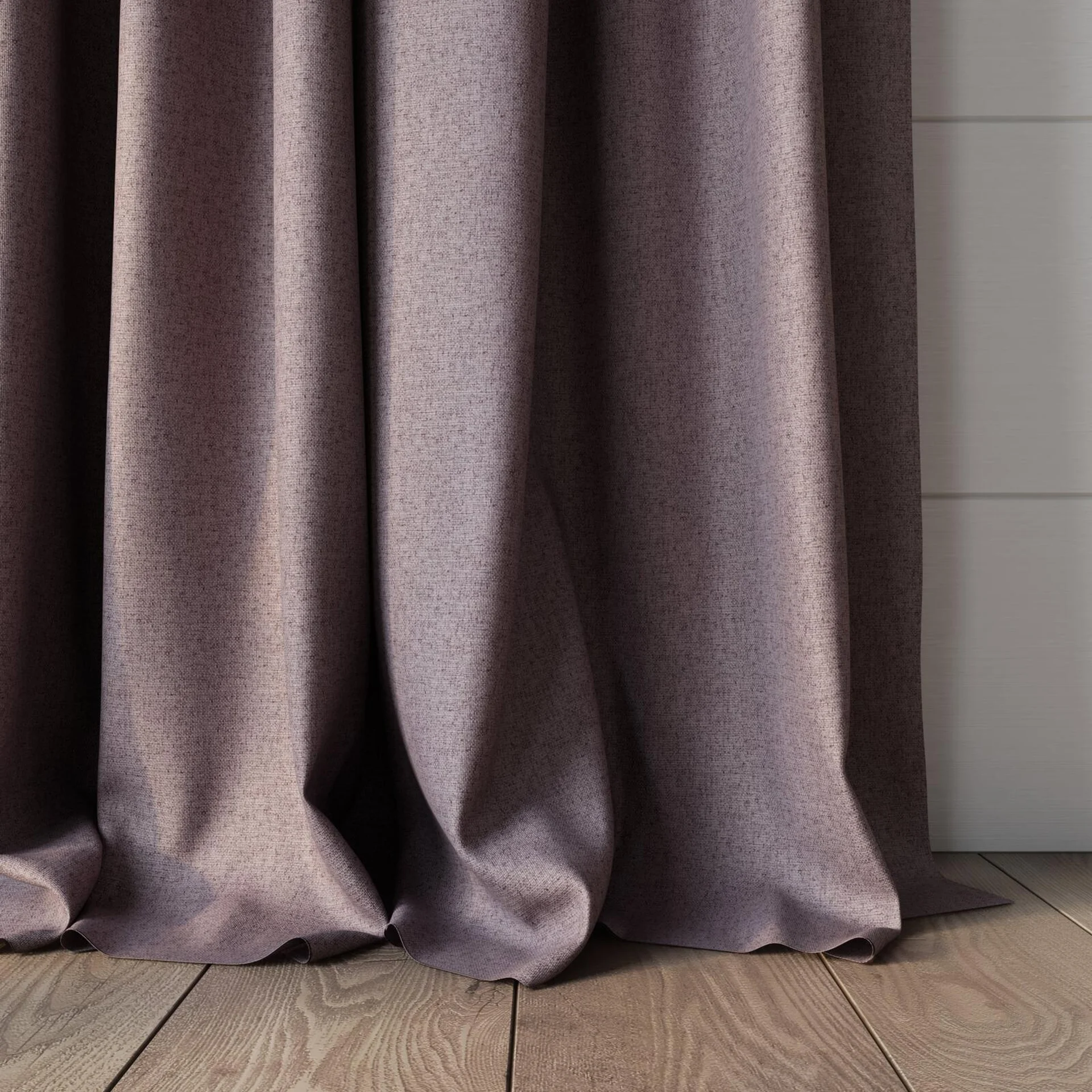 Bottom view of Liberate Mauve, puddled, on curtain rod