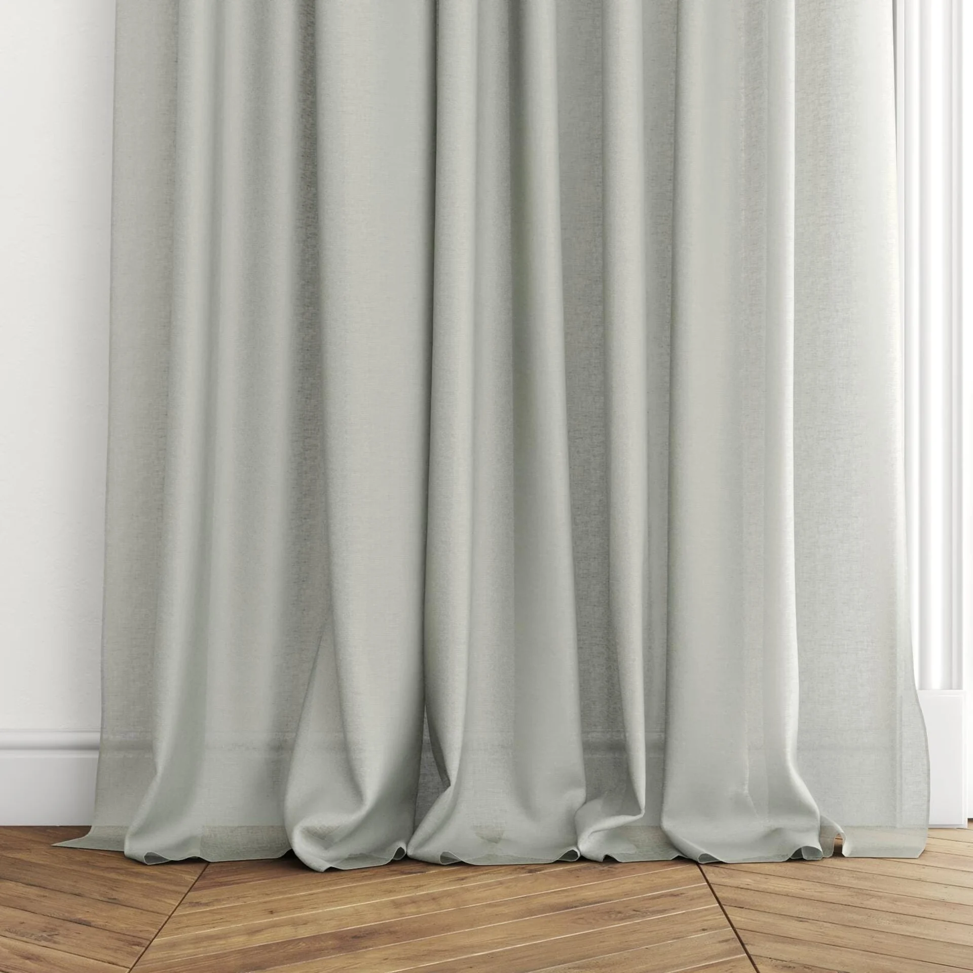 Bottom view of Kanso Stonewash Willow, puddled with pinch pleat, on curtain rod