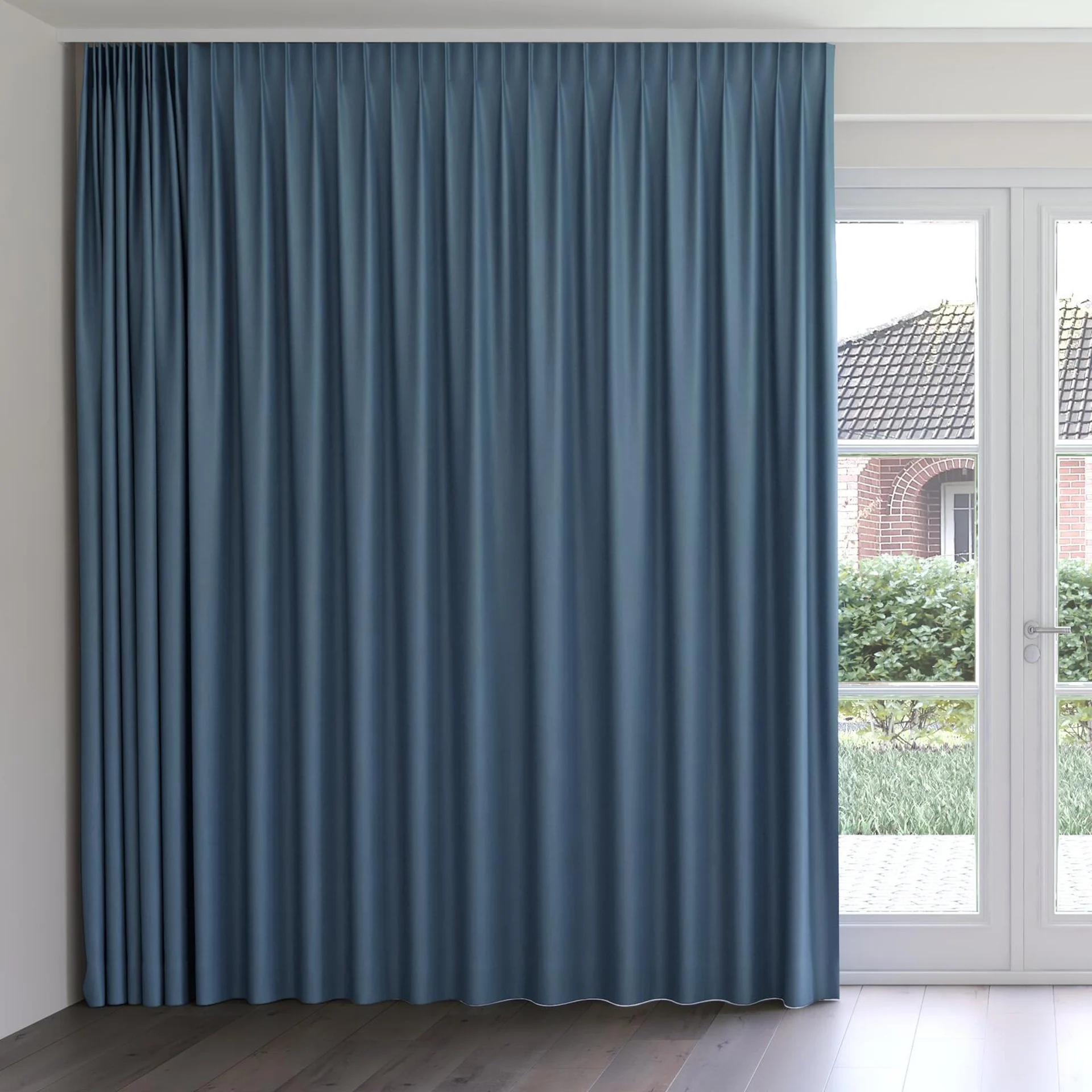 Front view of Kanvas Denim, on curtain rail