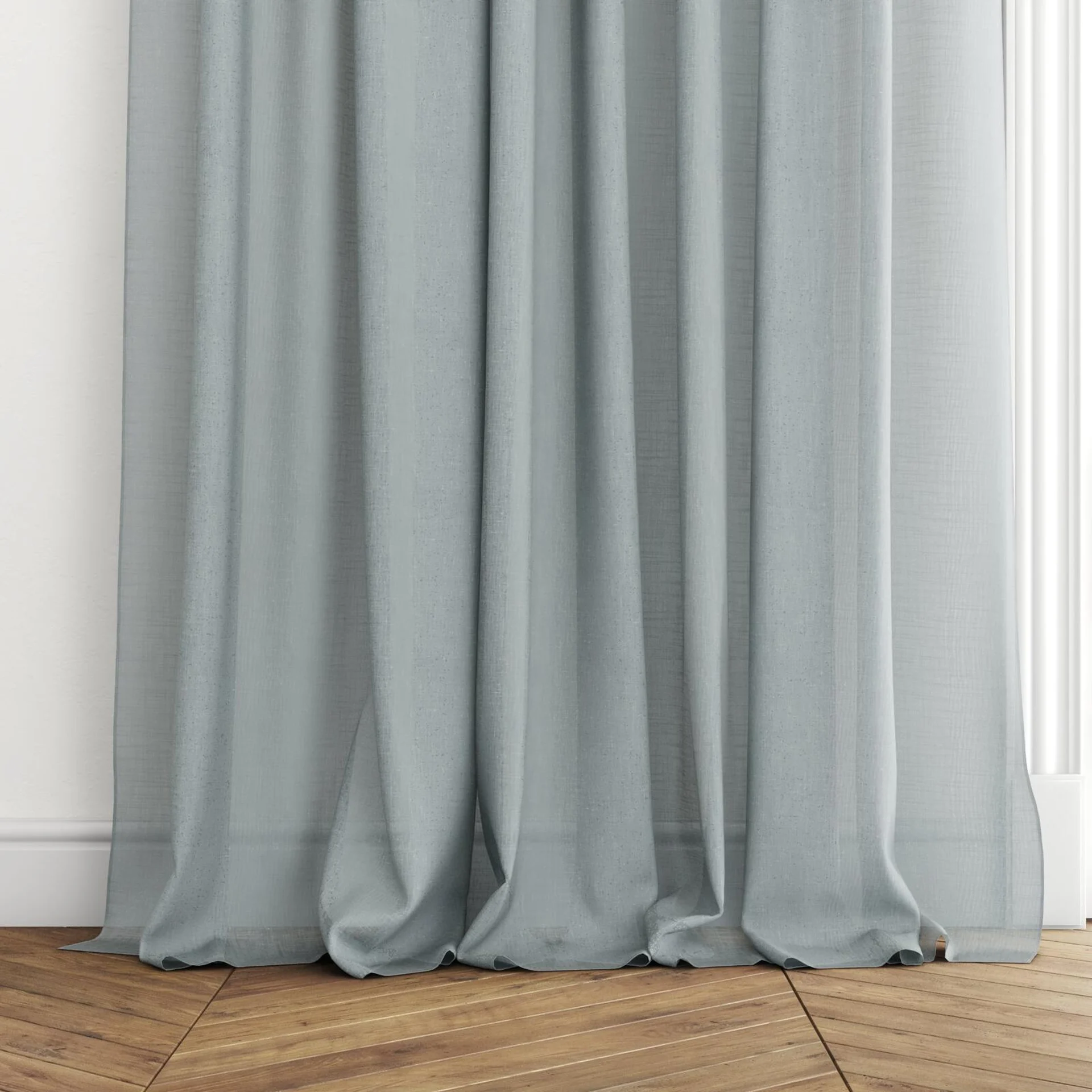 Bottom view of Uno Sky, puddled with pinch pleat, on curtain rod