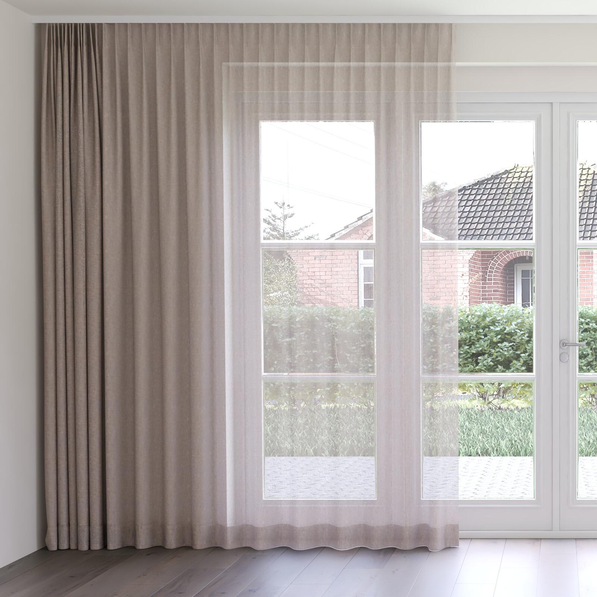 Front view of Gesso Lino Husk, on curtain rail