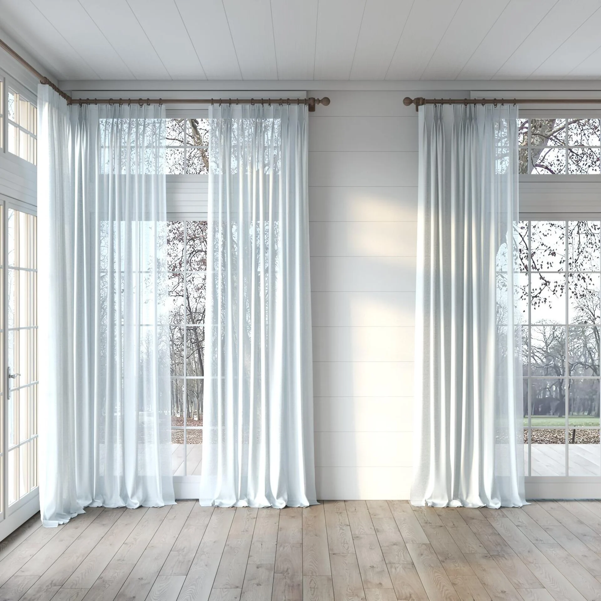 Full view of Kanso Stonewash Sky, puddled, on curtain rod