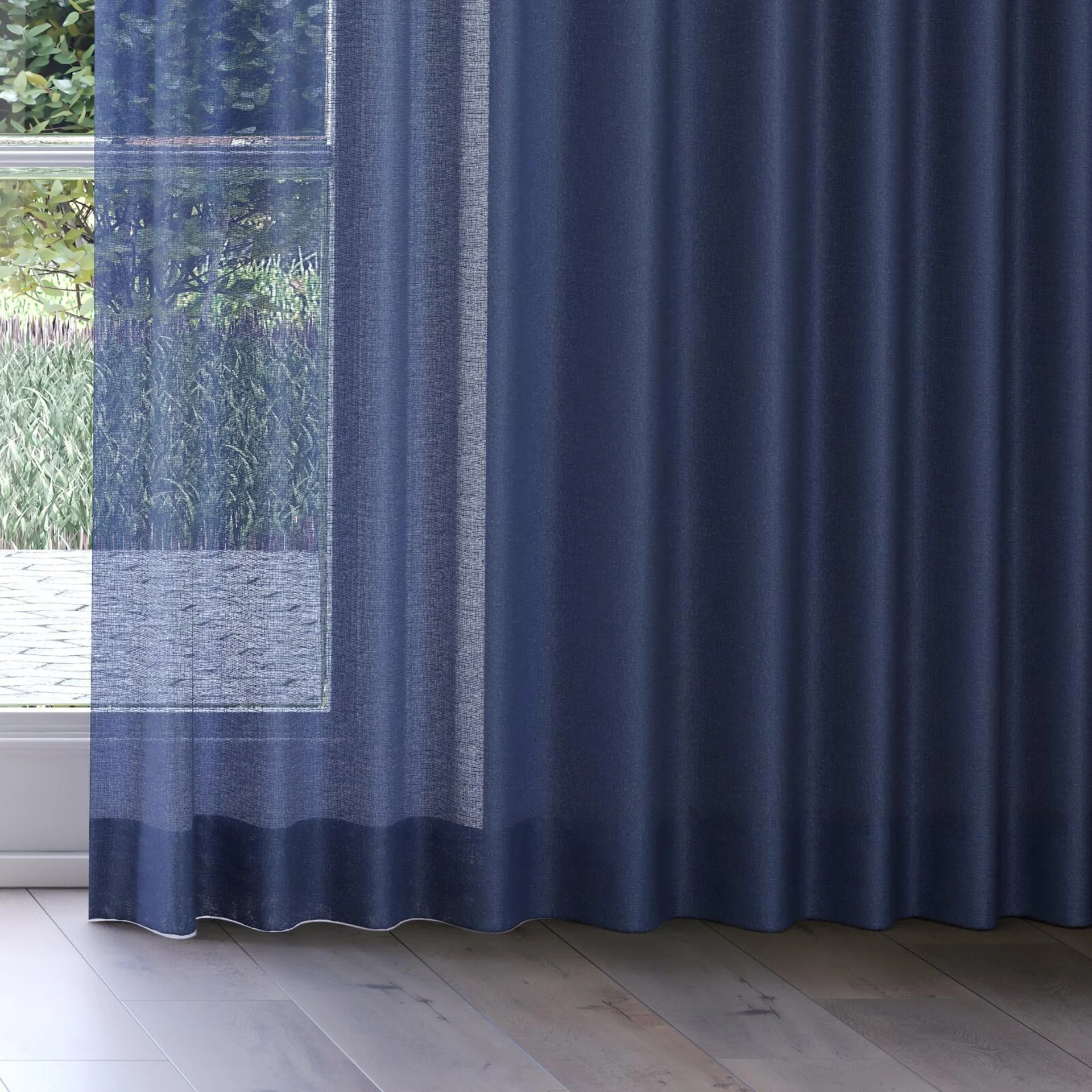 Bottom view of Focus Navy, on curtain rail