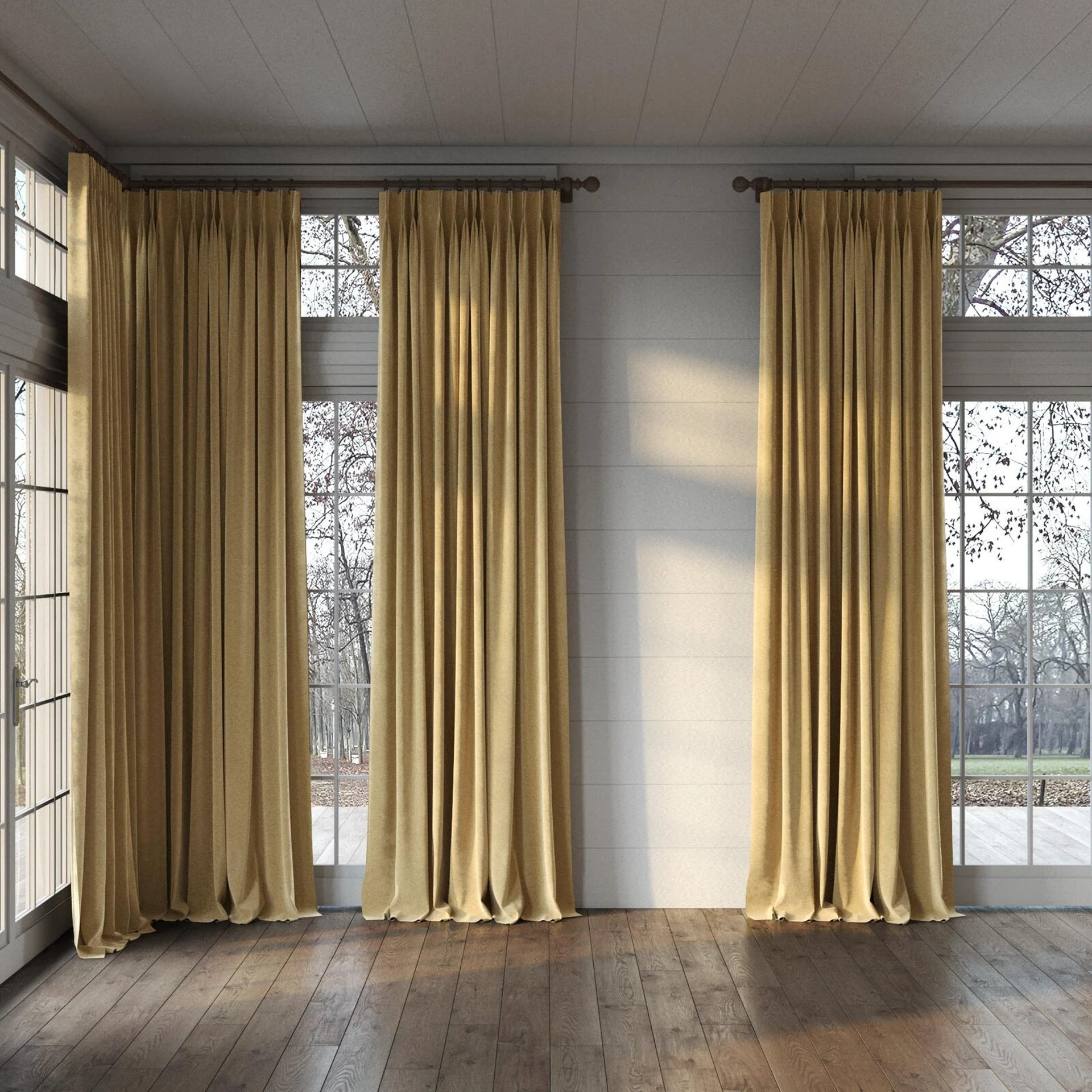 Full view of Geneva Dune, puddled, on curtain rod